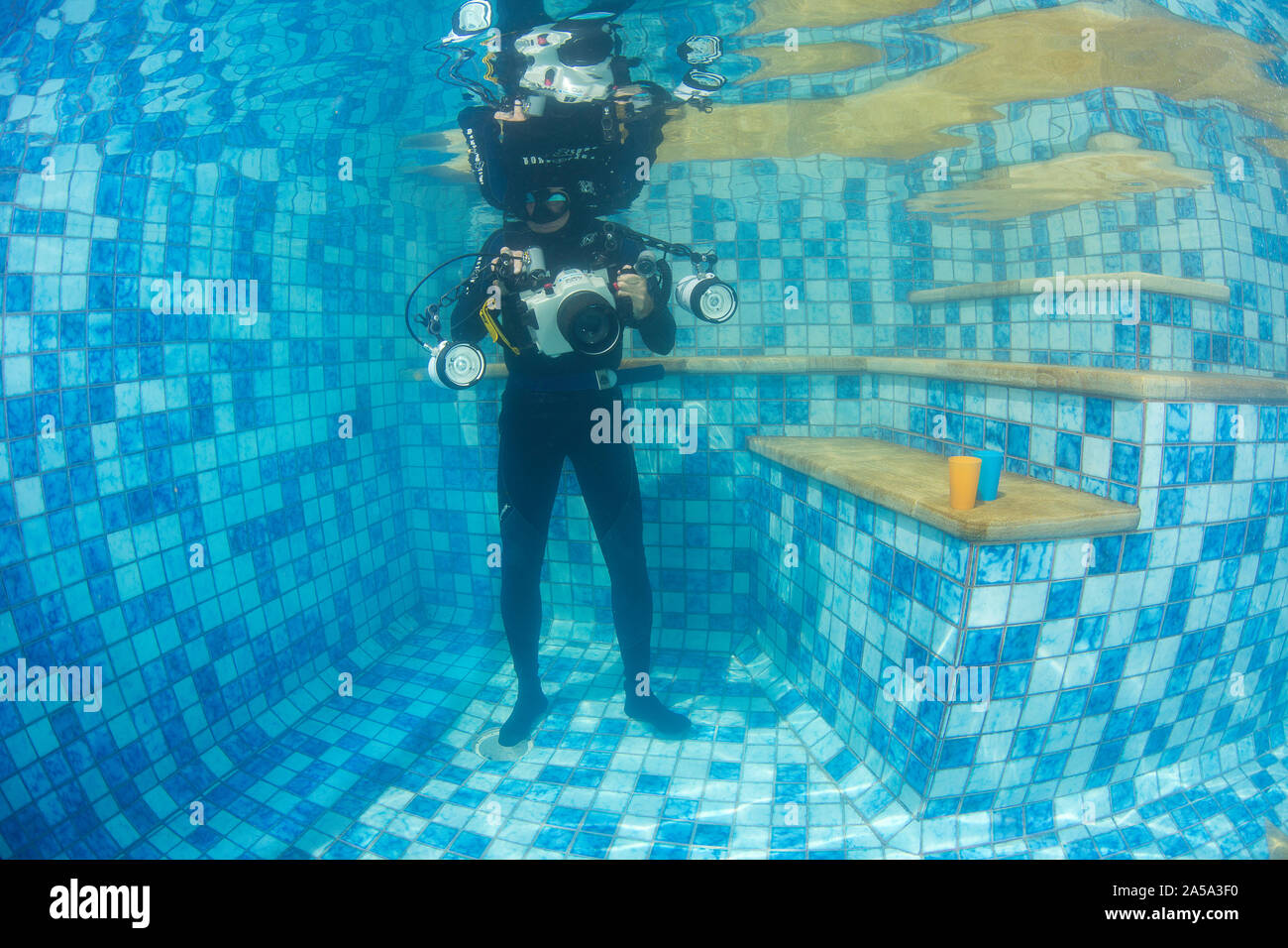 Un buzo (MR) controlar su equipo de cámara en una piscina antes de tomarlo en el océano, Yap, Micronesia. Foto de stock