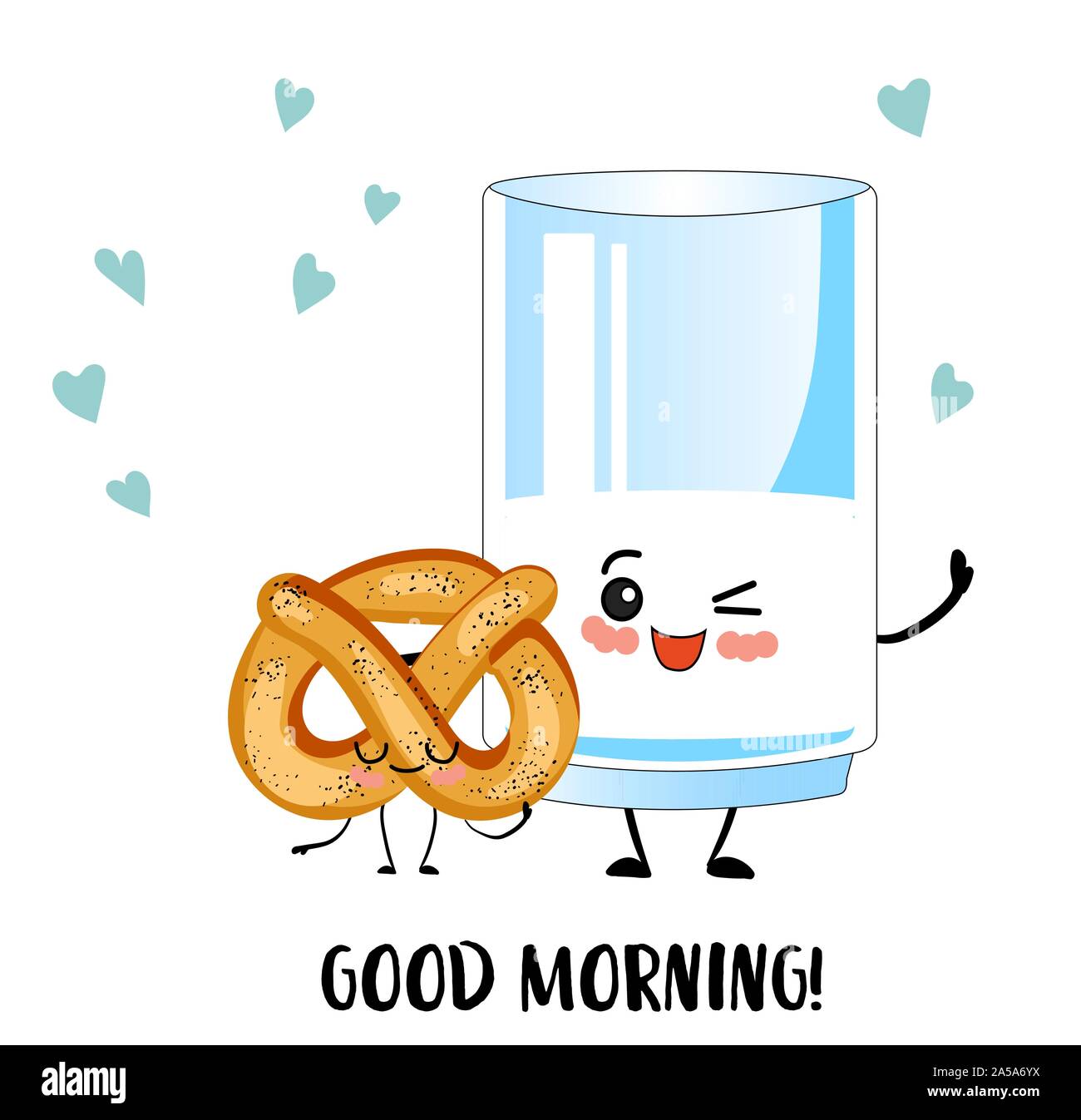 Buenos días. Tarjeta de felicitación con lindos personajes de dibujos  animados. Croissant o pritzel y un vaso de leche. El desayuno para los  niños. La comida saludable Imagen Vector de stock -