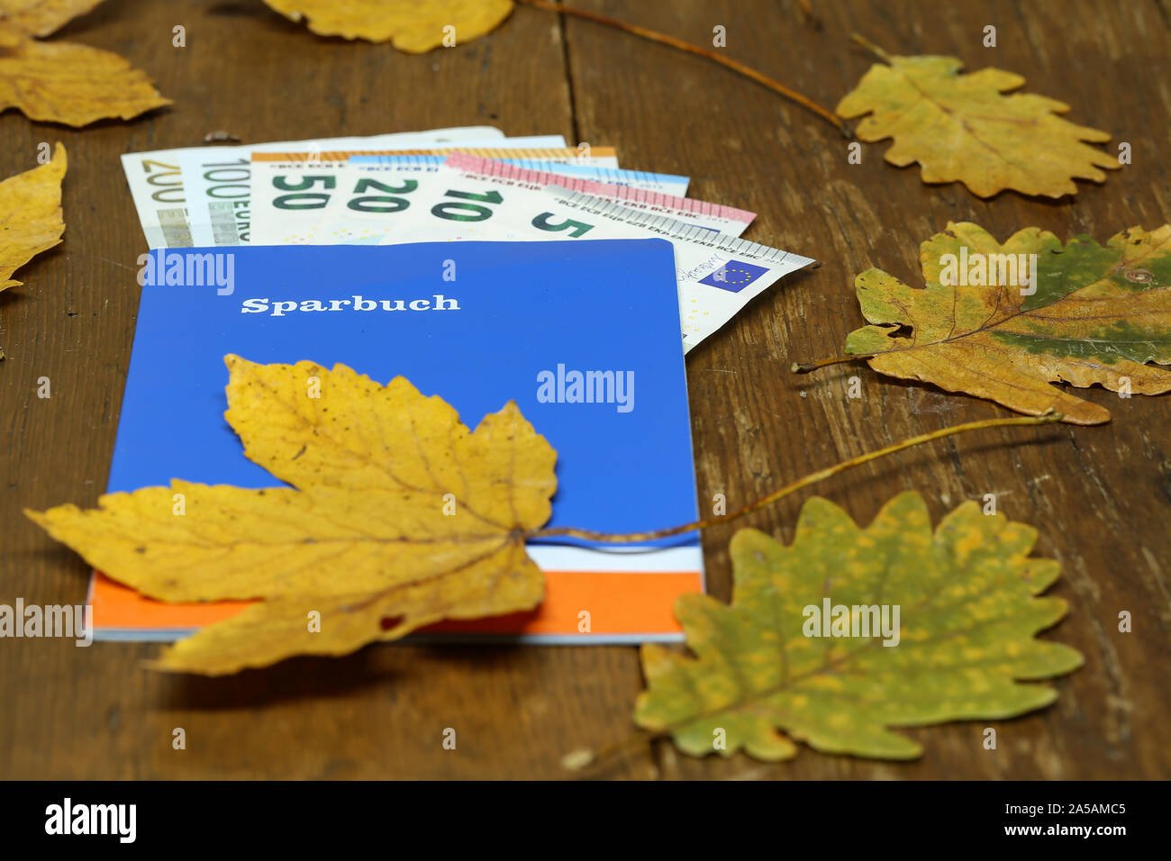 Euro dinero en una libreta de ahorro en una tabla. Texto en alemán - cartilla Foto de stock