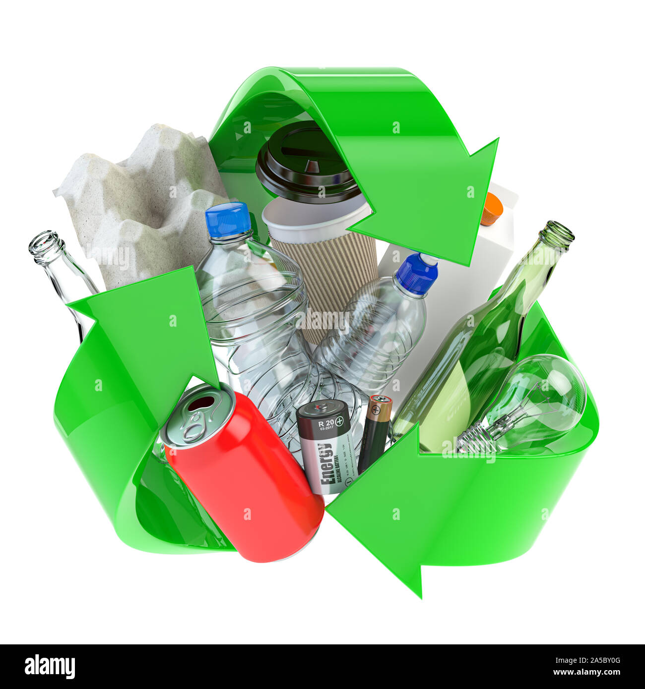 Reciclar el cartel con los diferentes tipos de residuos. Basura y  desperdicios ordenados por e-basura, plástico, metal, vidrio y papel. La  ecología y la energía verde concepto Fotografía de stock - Alamy