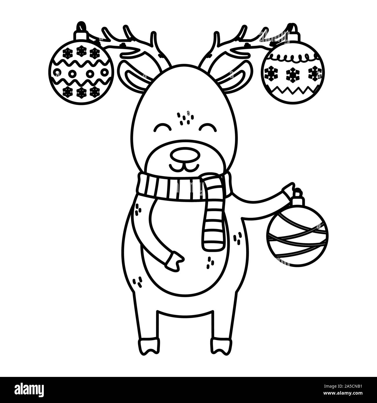 Los renos cuernos bolas colgantes fiesta feliz navidad ilustración vectorial línea gruesa Imagen Vector de stock - Alamy