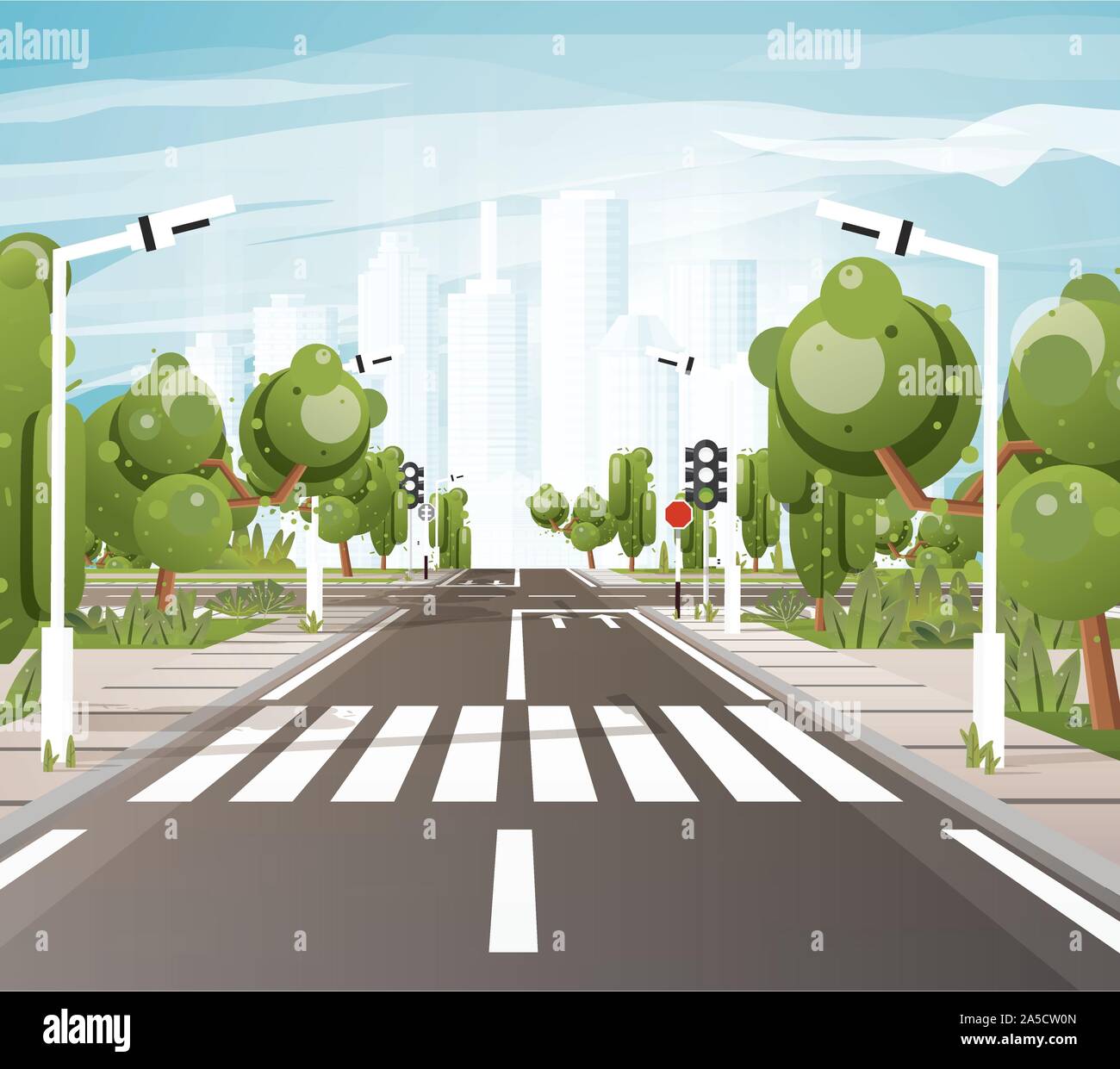 Carretera vacía con el paso de peatones, señalización vial, acera para los peatones, árboles y semáforos. Ilustración vectorial. Paisaje urbano. Concepto urbano. Ciudad. Ilustración del Vector