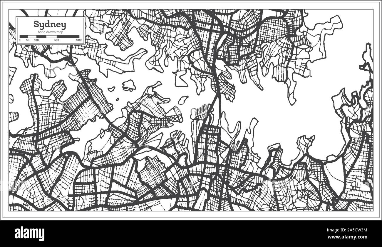 Mapa de la ciudad de Sydney (Australia) en color blanco y negro. Mapa de esquema. Ilustración vectorial. Ilustración del Vector