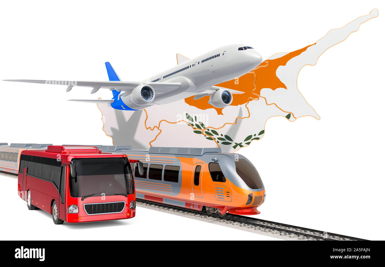 Transporte de pasajeros en Chipre por autobuses, trenes y aviones, concepto. 3D rendering aislado sobre fondo blanco. Foto de stock