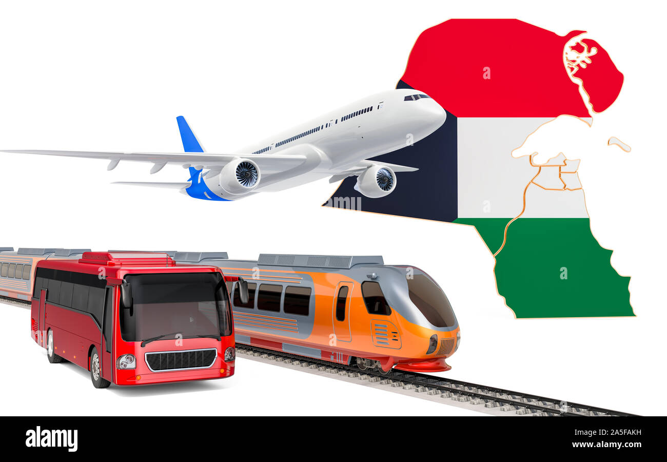 Transporte de pasajeros en Kuwait por autobuses, trenes y aviones, concepto. 3D rendering aislado sobre fondo blanco. Foto de stock