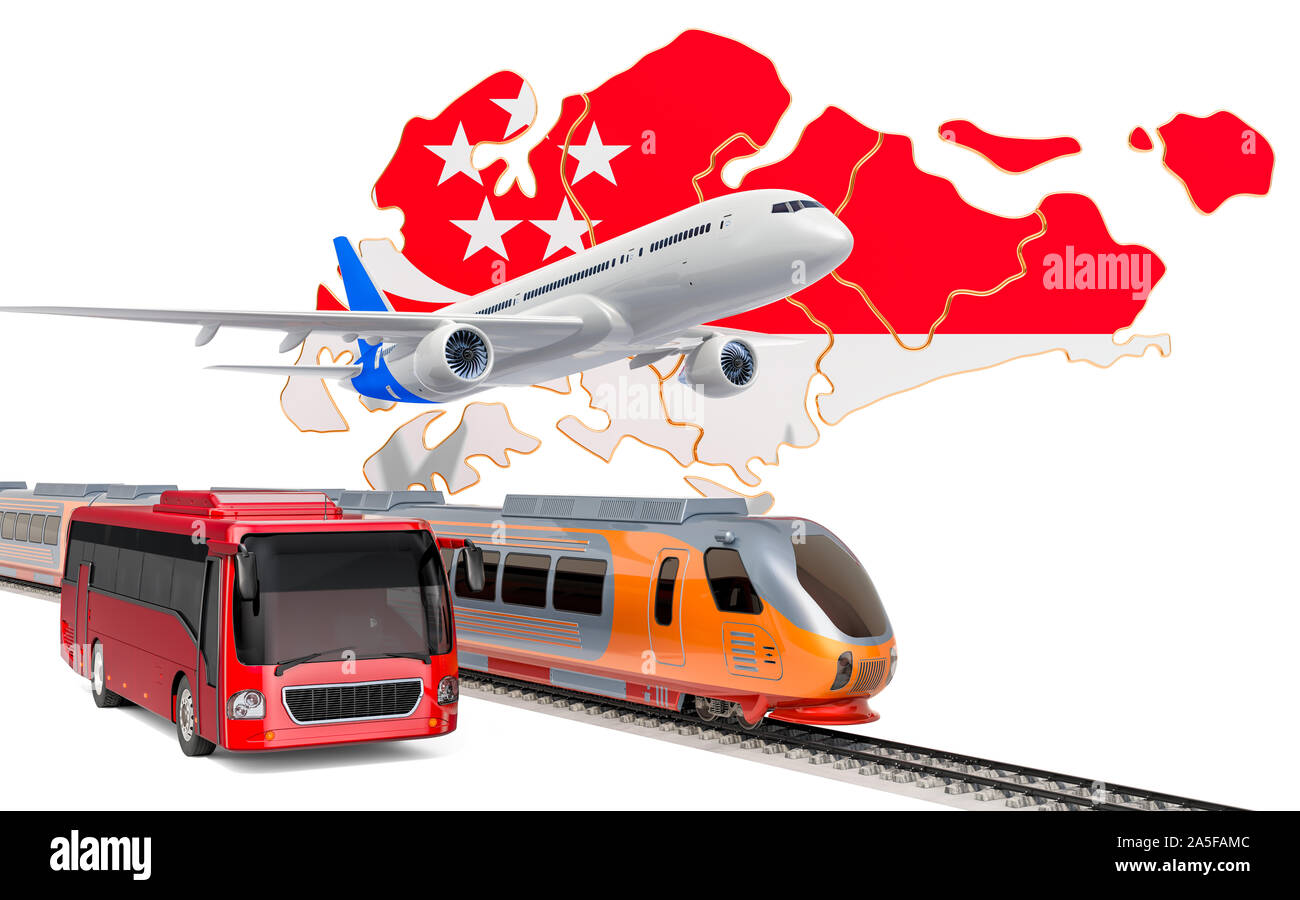 Transporte de pasajeros en Singapur por autobuses, trenes y aviones, concepto. 3D rendering aislado sobre fondo blanco. Foto de stock