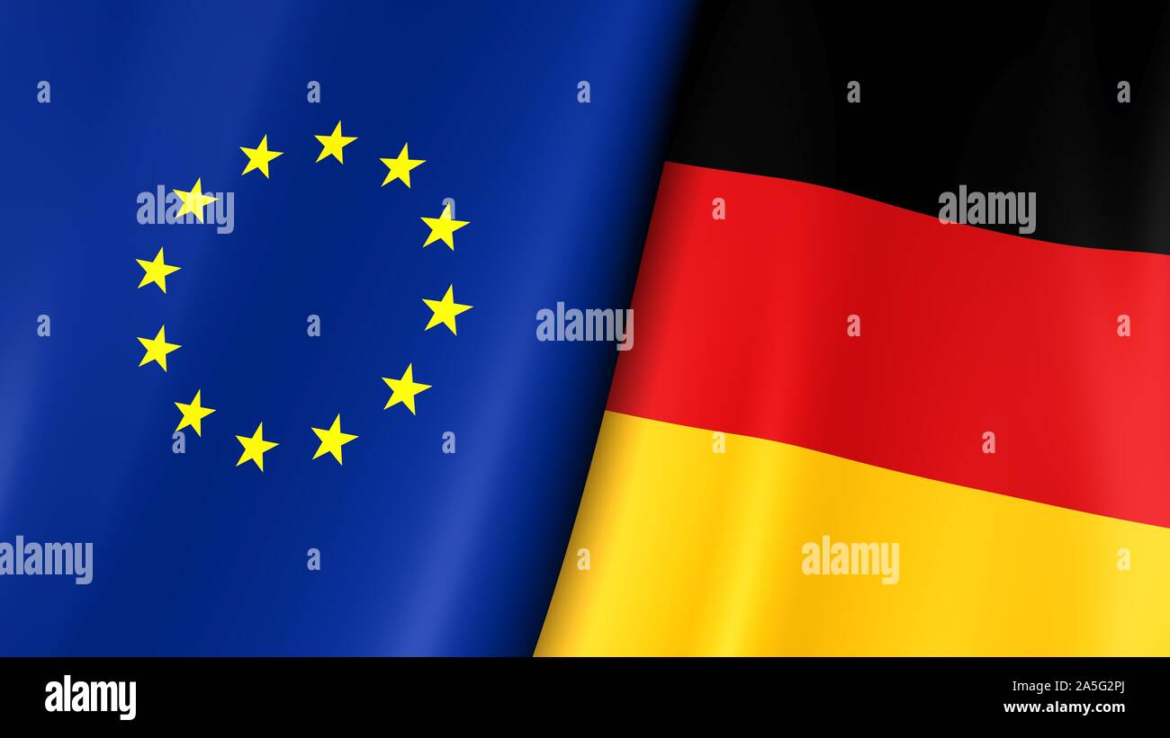La bandera europea y el pabellón de Alemania. Estrellas amarillas sobre fondo azul. Consejo de Europa. Foto de stock