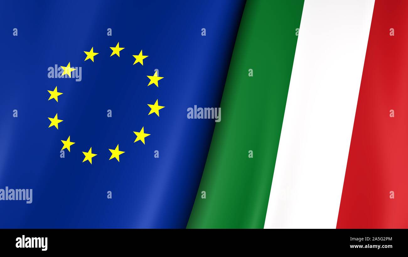 Bandera europea y la bandera de Italia. Estrellas amarillas sobre fondo azul. Consejo de Europa. Foto de stock