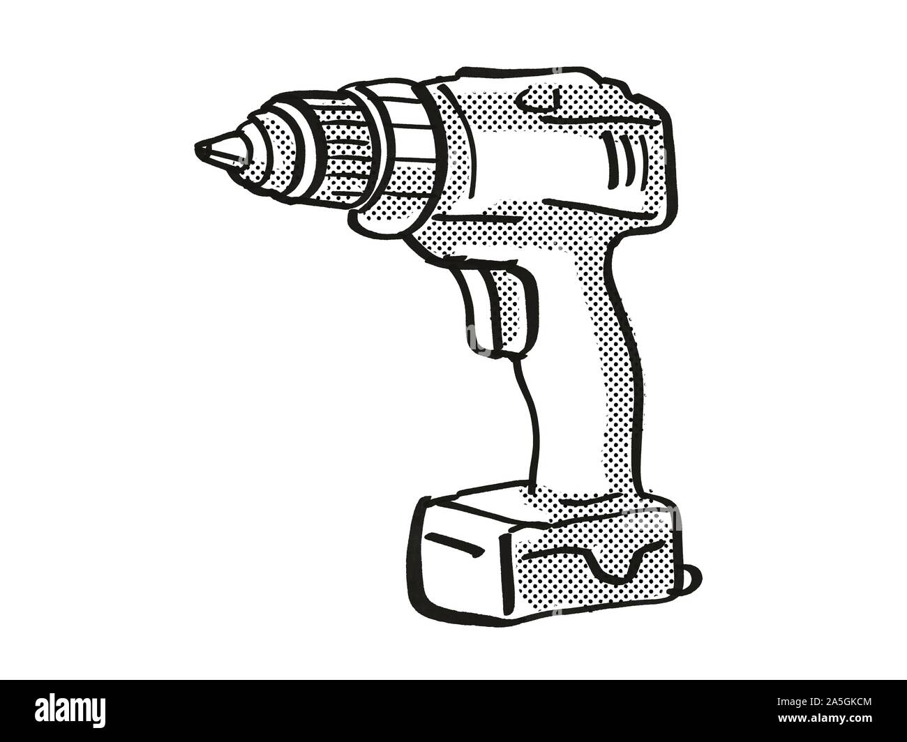Estilo retro caricatura dibujo de un taladro de mano portátil, una  herramienta eléctrica o equipos aislados sobre fondo blanco hecho en blanco  y negro Fotografía de stock - Alamy