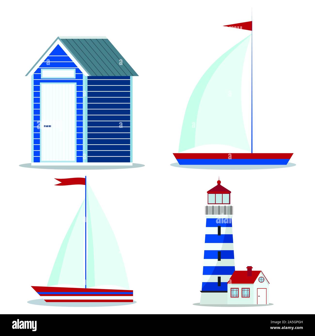 Fijar el icono de color azul y rojo velero con uno y dos de la vela y la bandera, cabaña en la playa, el faro. Ilustración del Vector