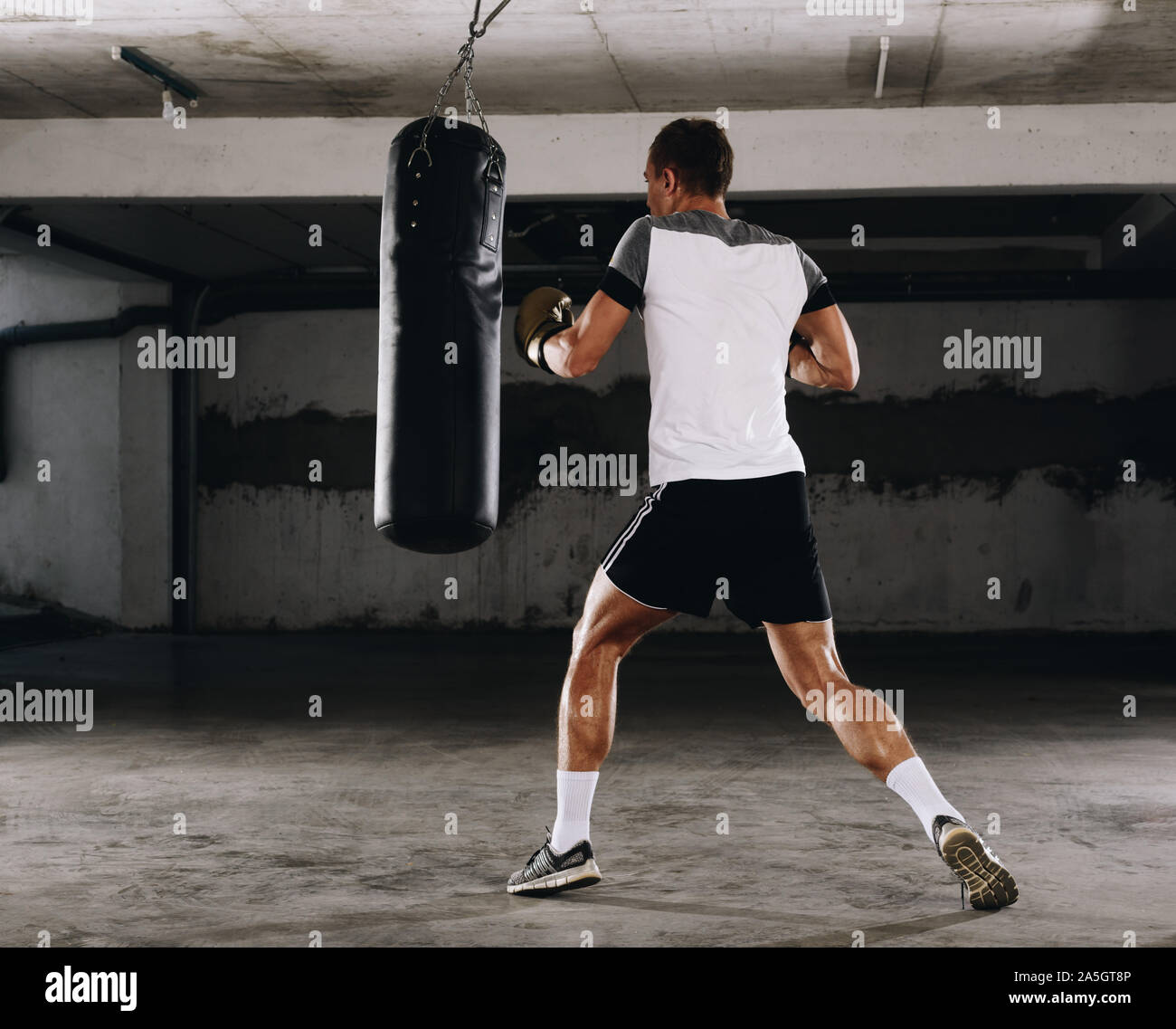 Musculoso luchador practicando algunos golpes con saco de boxeo con guantes  de boxeo. El concepto de un estilo de vida saludable Fotografía de stock -  Alamy