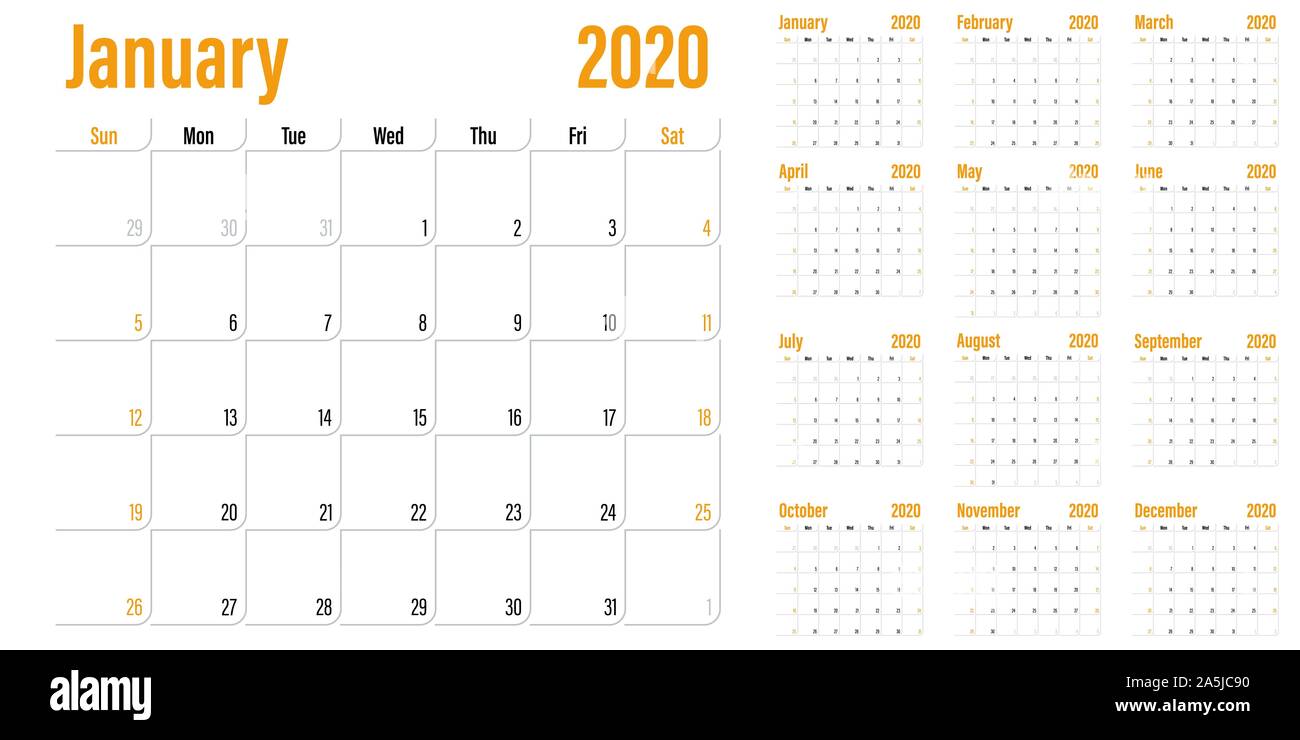 Planificador de calendario 2020 plantilla ilustración vectorial en los 12  meses la semana comienza el domingo, e indicar los fines de semana en  sábado y domingo Imagen Vector de stock - Alamy