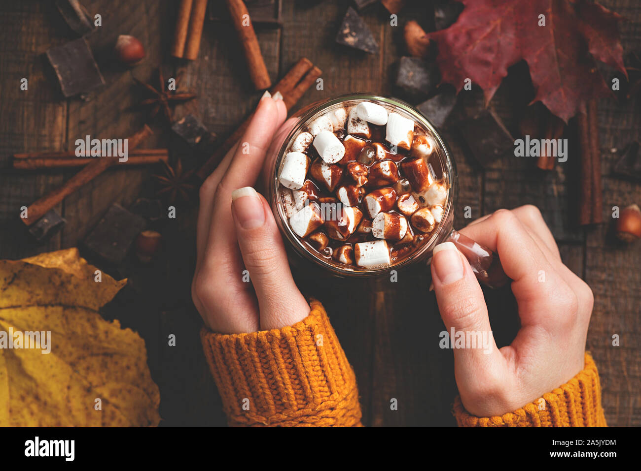 Chocolate caliente con malvaviscos y salsa de chocolate en manos femeninas sobre fondo de madera. Vista desde arriba. Bebida caliente acogedor para otoño o invierno. Comfo Foto de stock