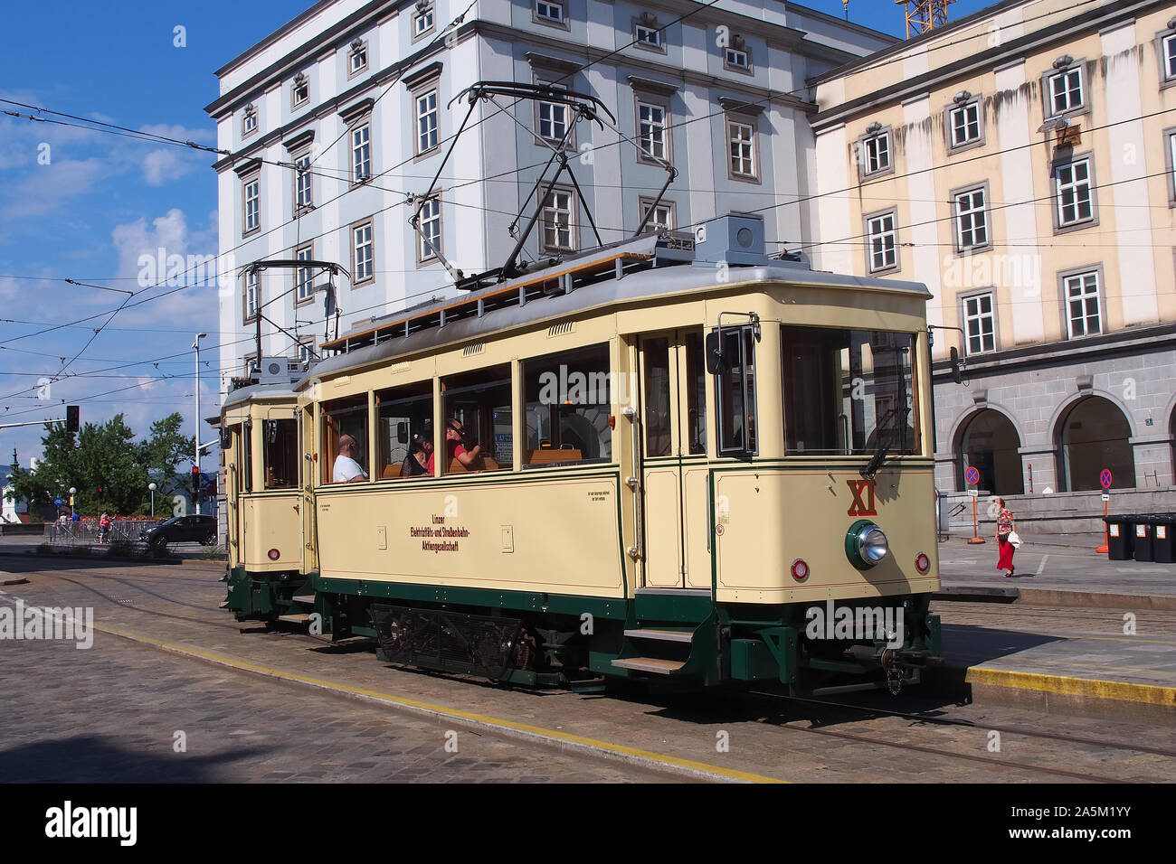 antiguo tranvía nostal. Linz, Alta Austria, Austria, Europa Foto de stock