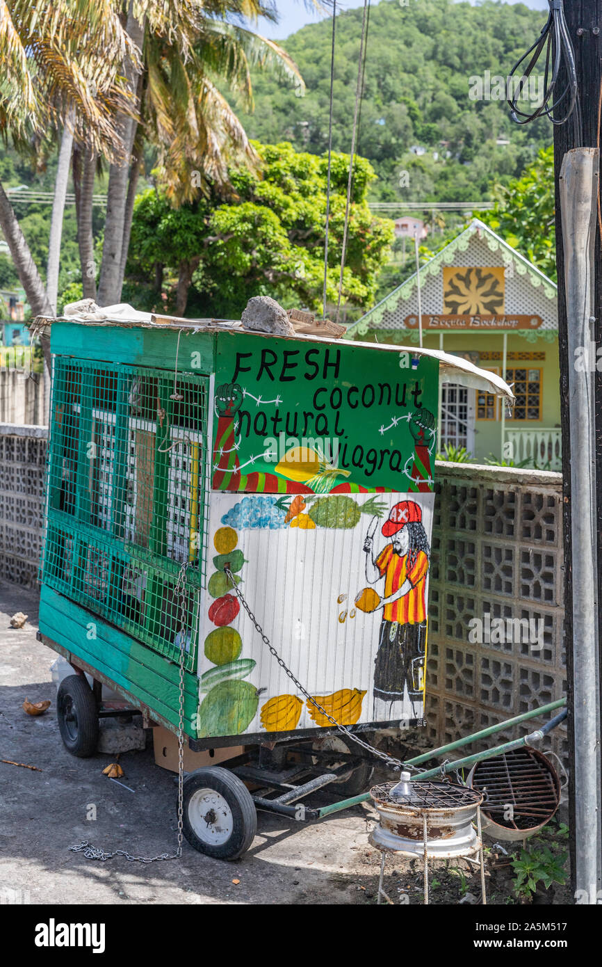 San Vicente y las Granadinas,carrito de agua de coco en la Bahía del Almirantazgo, Bequia Foto de stock