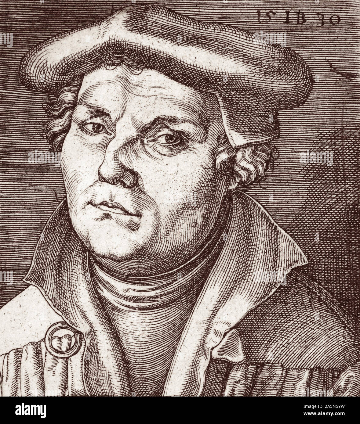 1530 Grabado de Martín Lutero (1483-1546), profesor alemán, teólogo, y figura clave de la Reforma Protestante, así como una traducción de la Biblia al alemán vernáculo. Foto de stock