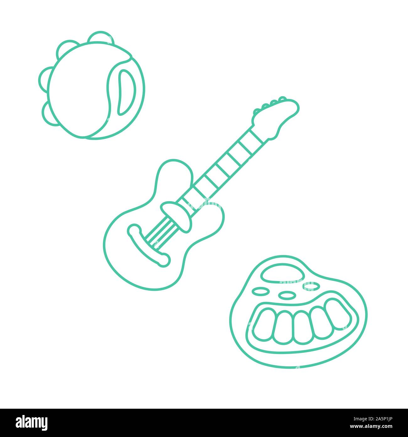 Ilustración vectorial con el sintetizador, la guitarra, la pandereta en  Vizcaya moda color verde aislado sobre fondo blanco. Música Infantil  juguetes. Ins musicales Imagen Vector de stock - Alamy