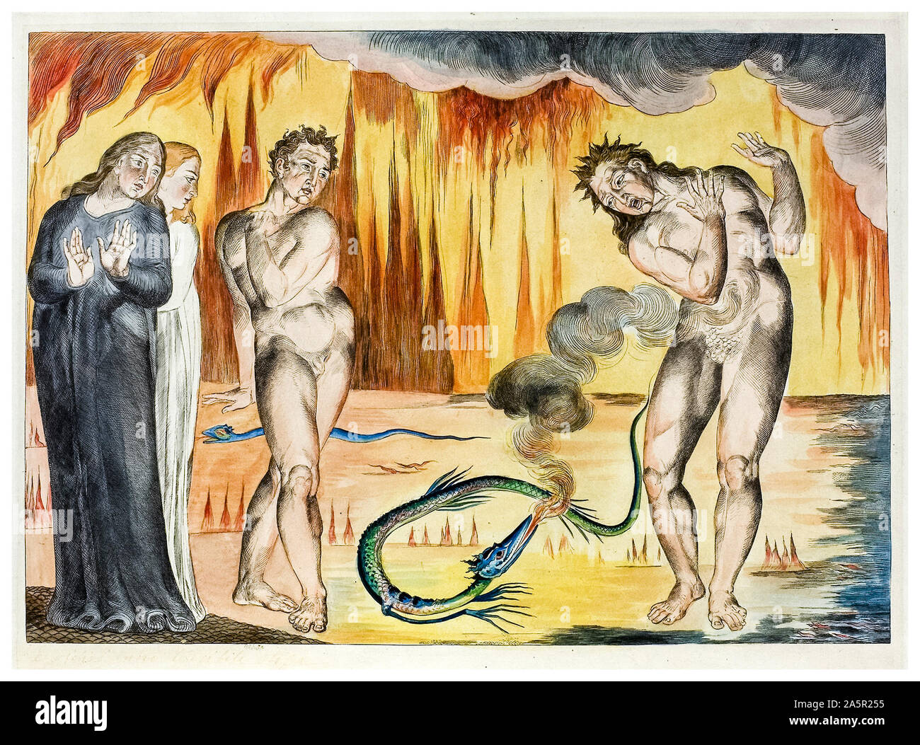 William Blake, el Inferno de Dante, el Círculo de los ladrones, Buoso Donati atacado por la Serpiente, grabado de relieve, coloreado a mano, ilustración, 1827 Foto de stock