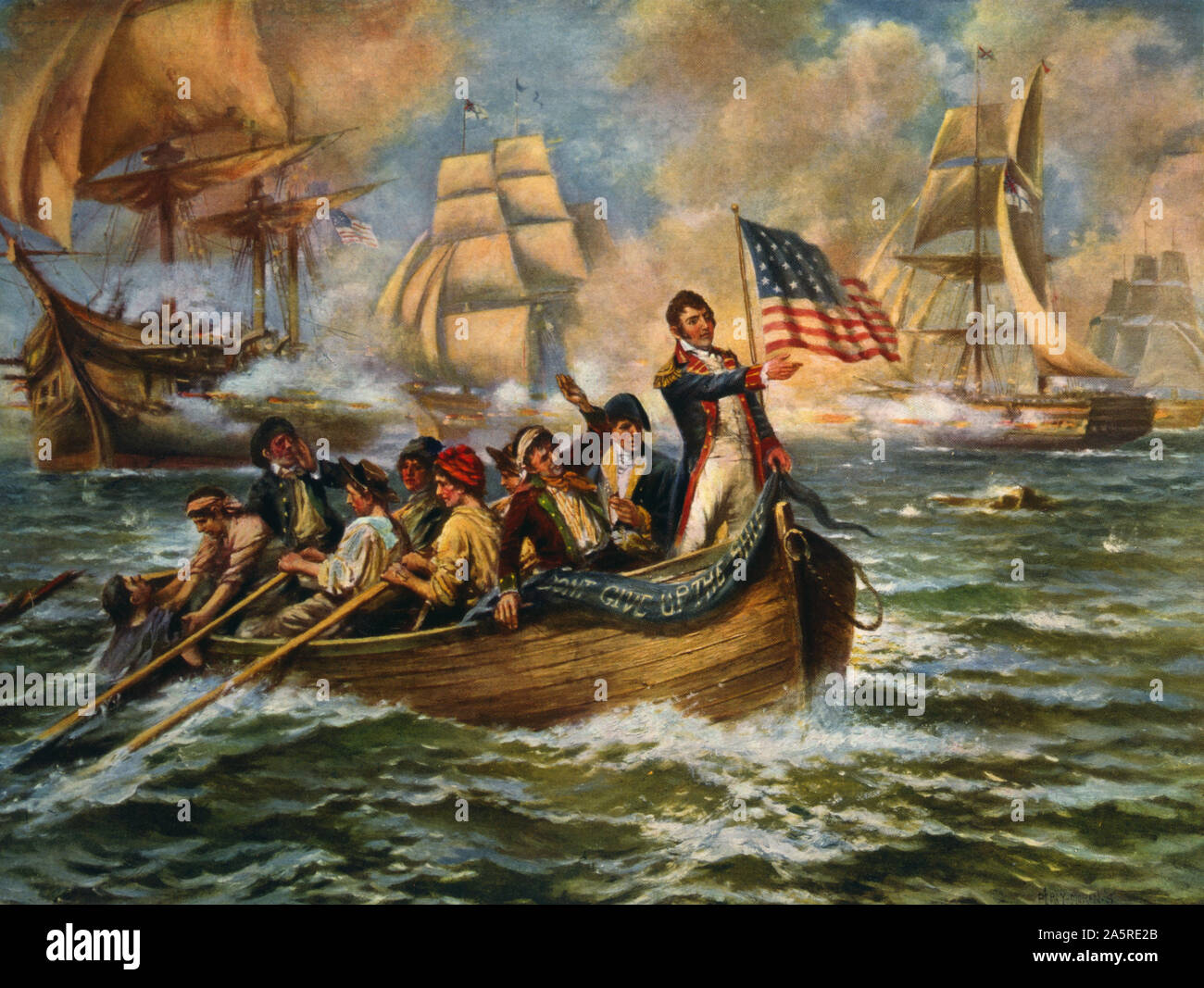 La batalla del Lago Erie durante la guerra de 1812. Después de un trabajo de E. Percy Moran. La imagen muestra el peligro estadounidense Oliver Perry transferir desde su buque insignia dañado Lawrence a otro buque, el Niagara. Foto de stock