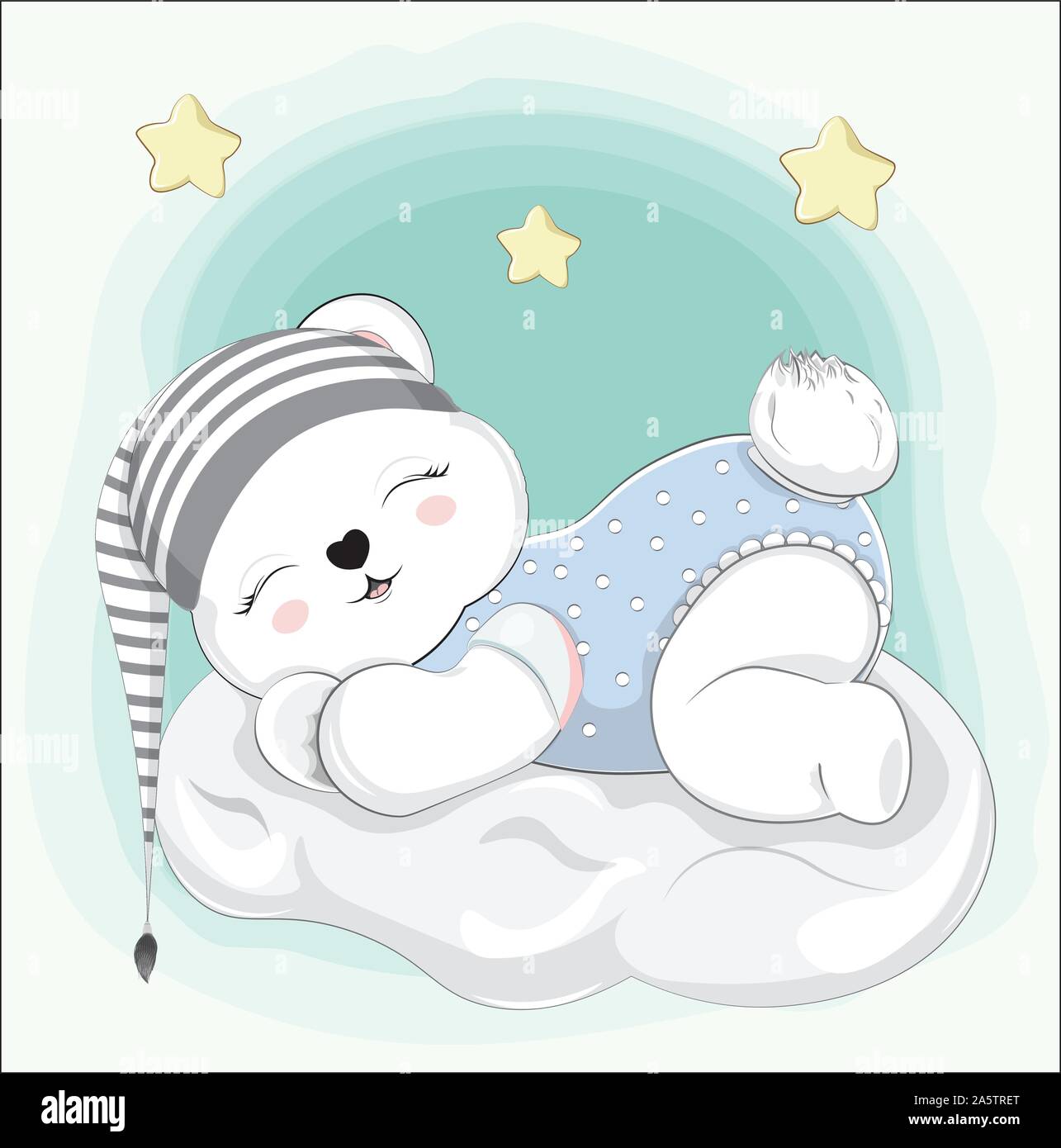 Oso de peluche bebé niño dormido sobre la nube en rayas cap. Imagen de  estilo de dibujo a mano alzada para baby shower. Tarjeta de felicitación, de  invitación a fiesta, ropa de