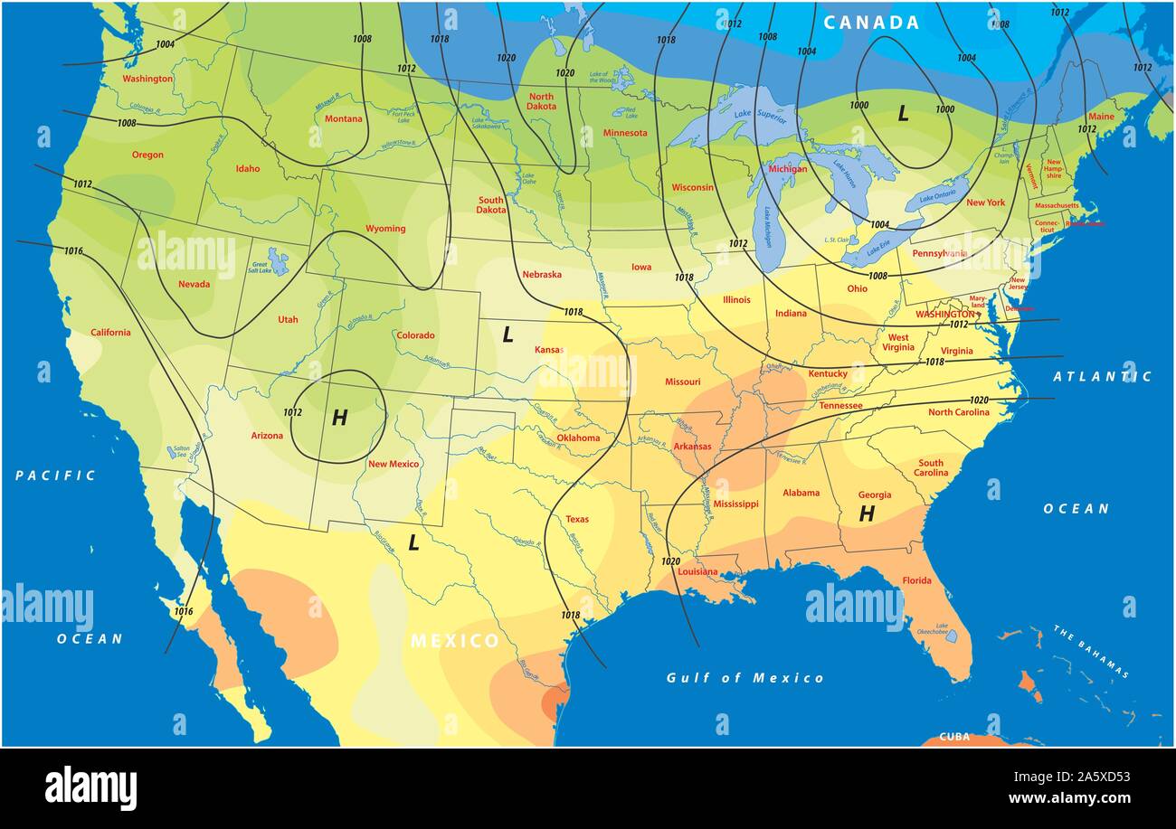 Marco de referencia Perforar organizar Mapa ficticio de los EE.UU. la temperatura de la presión barométrica  velocidad del viento Dirección del viento Imagen Vector de stock - Alamy
