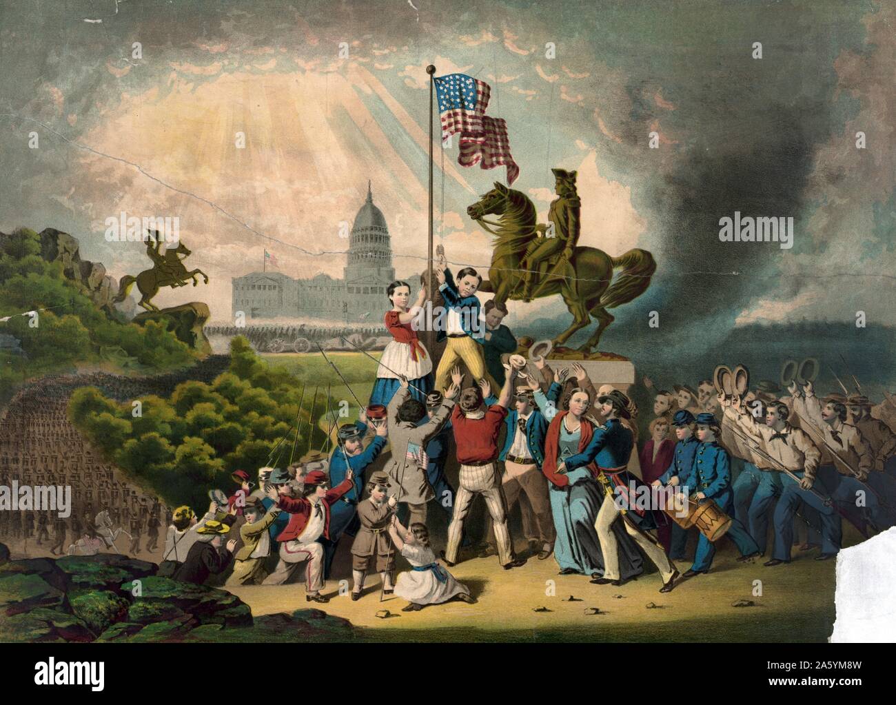 Grabado de una pintura titulada "izar la bandera". La impresión patriótica está dedicado a la 'Defenders de la Unión". Grabado por Louis N. Rosenthal. Fecha 1864 Foto de stock