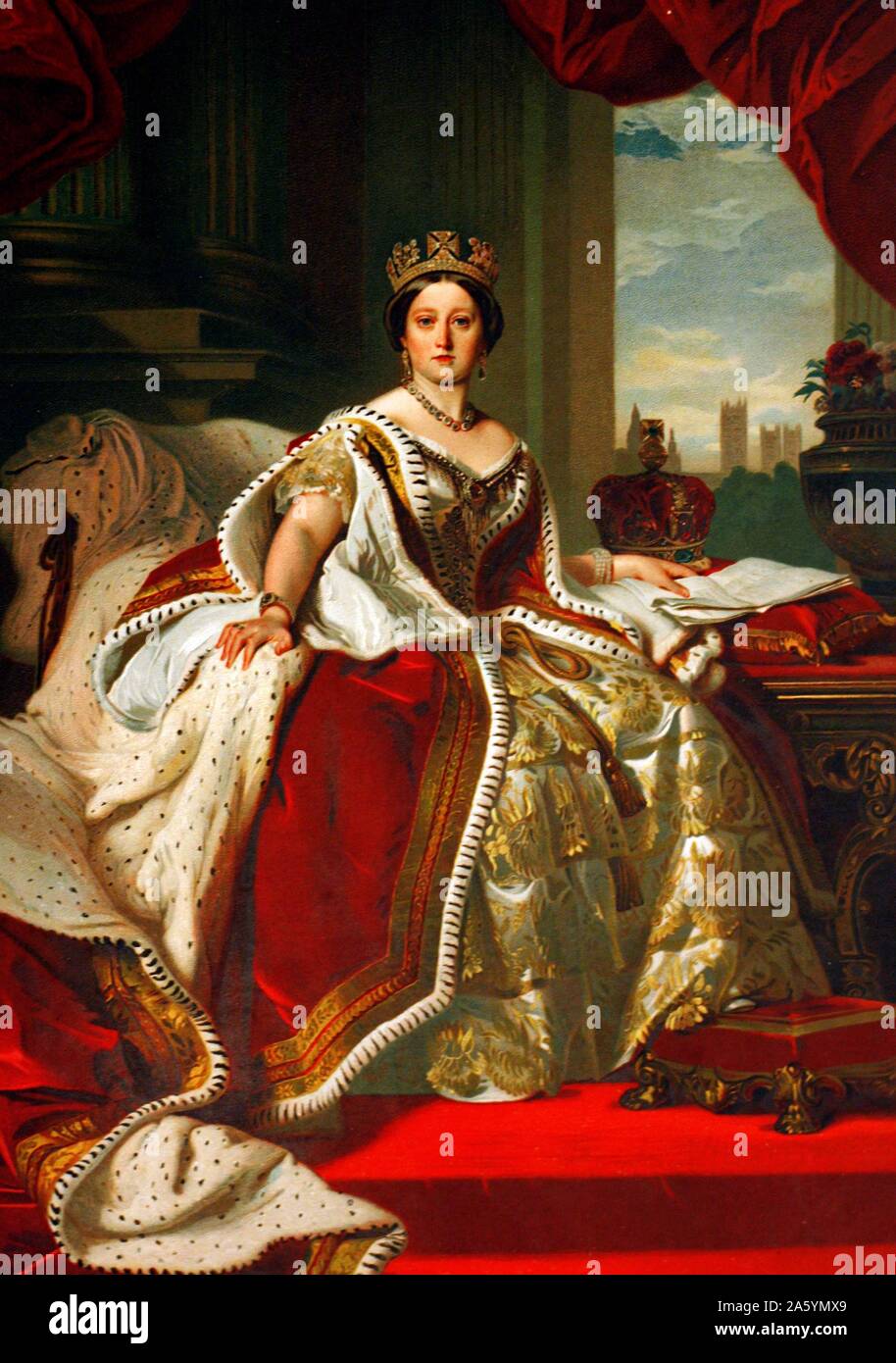 Óleo sobre lienzo retrato de una joven Reina Victoria. Vivió entre Mayo 1819 - enero 1901. Monarca del Reino Unido desde el 20 de junio de 1837 hasta su muerte. Esta pintura muestra su lujosa en capas de material batas y decir delante de una ventana. Foto de stock