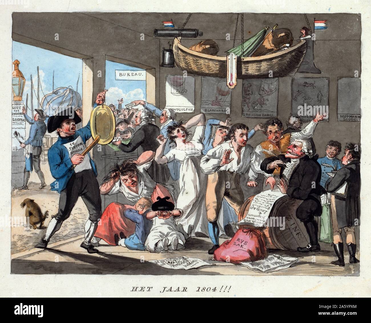 Las previsiones de dibujos animados holandesa aeronautic eventos para el año 1804, mostrando una escena en un defecto de la ascensión en globo, en aras de la investigación científica, posiblemente por "Wille van de Heeren Hopman & Loude." Los hombres luchan para inflar el globo, etiquetados "Lust tot Onderzoek,' como trabajadores traer suministros necesarios a la zona de carga y dos perros de tiro-cepa en un vagón llevando 'vitriol' y 'spykers." soldados armados con espadas retiene la revoltosa multitud de espectadores. Foto de stock