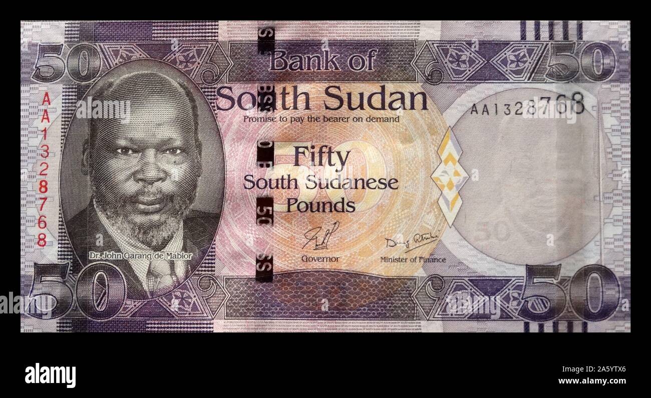 Billetes de Sudán del Sur, 2011; ofrece un retrato de John Garang, ex dirigente del Ejército de Liberación del Pueblo del Sudán (SPLA). Foto de stock