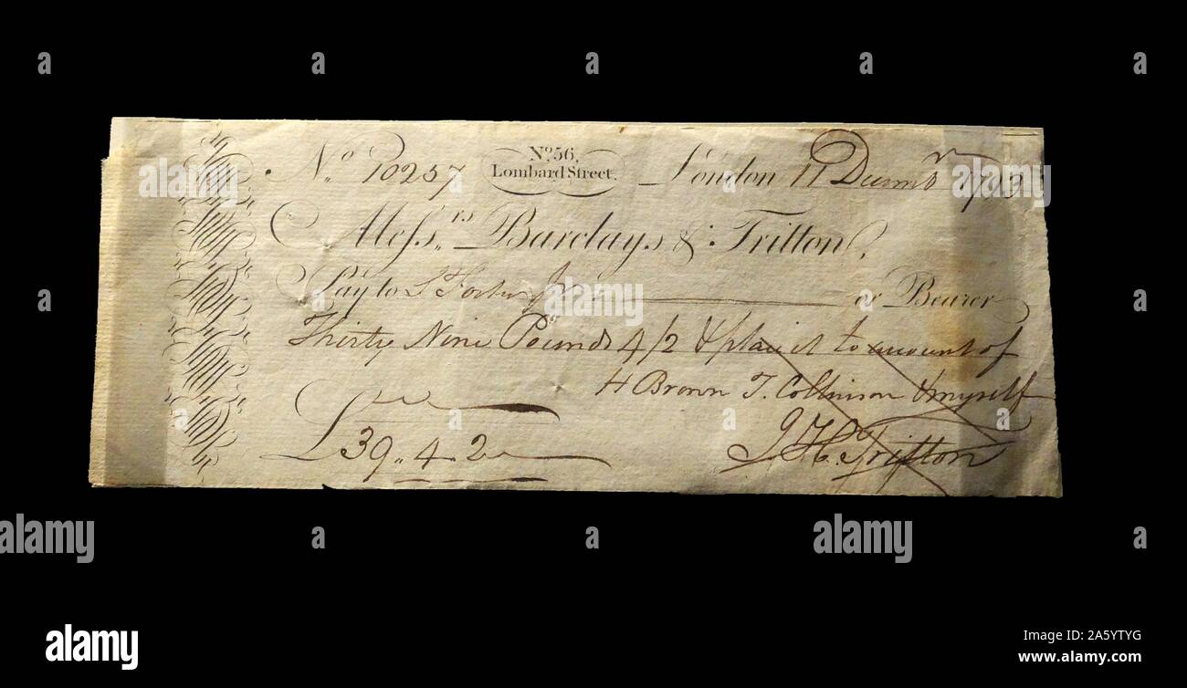 Barclay's & Co. verificar Londres, 1793. Cheques y letras de cambio proporciona una manera segura de transferir dinero entre individuos sin tener que llevar grandes cantidades de dinero en efectivo. Foto de stock