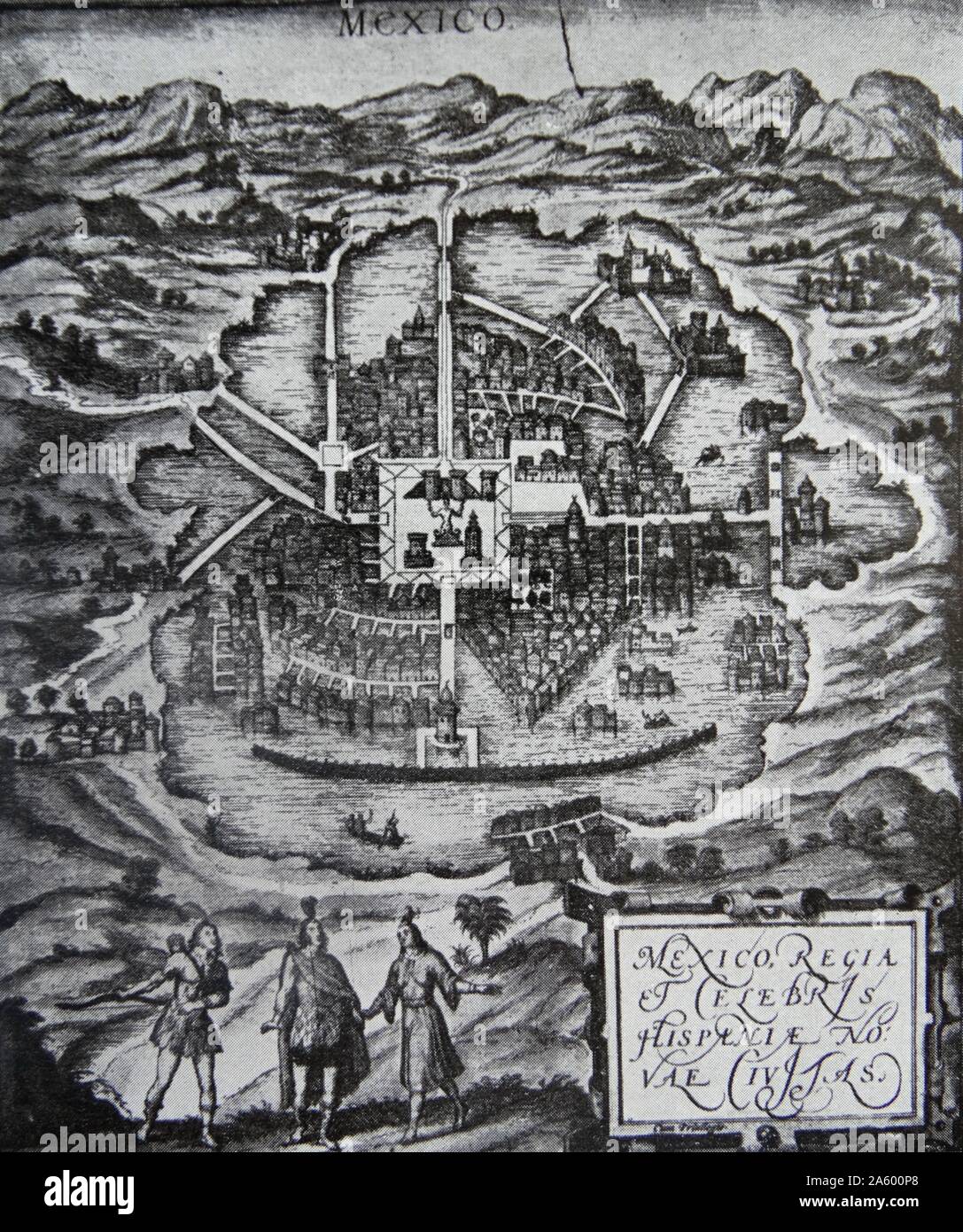 Ilustración del siglo XVI de la Ciudad de México. Foto de stock