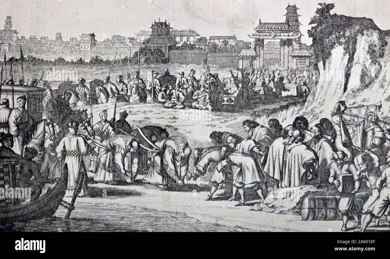 Los comerciantes holandeses tierras en Japón para establecer relaciones comerciales 1680 Foto de stock