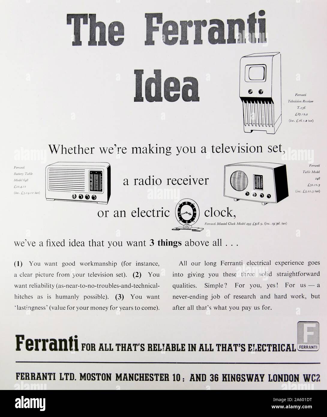 Anuncio de Ferranti - un fabricante eléctrico Foto de stock