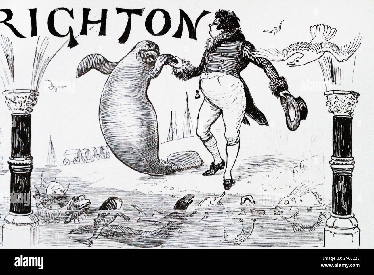 Xilografía ilustración de un hombre en una playa bailando con un sello. Las pequeñas criaturas del mar figuran en el primer plano de la imagen, en la costa. Brighton, Inglaterra 1889 Foto de stock