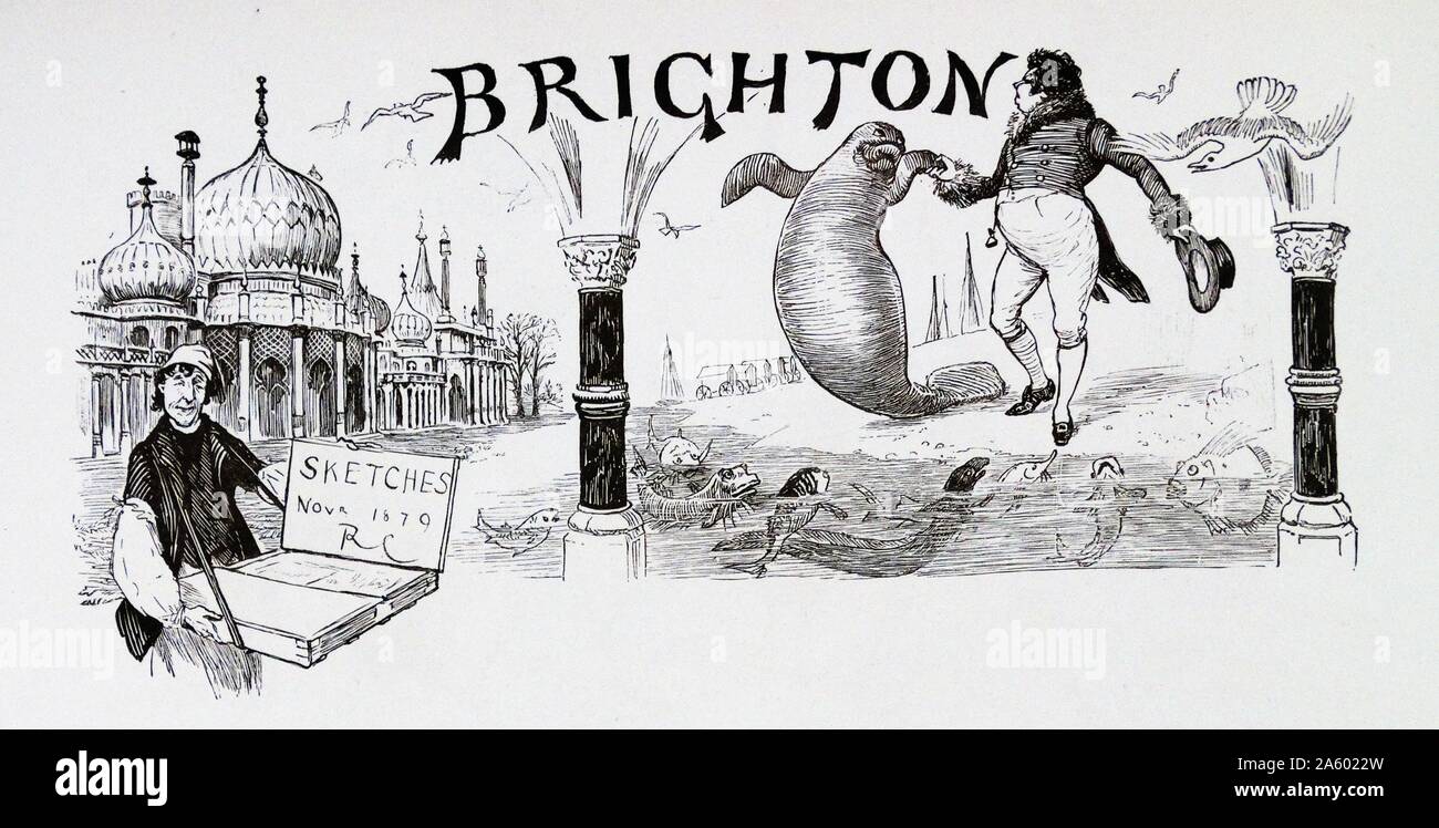 Xilografía ilustración de un hombre en una playa bailando con un sello. Las pequeñas criaturas del mar figuran en el primer plano de la imagen, en la costa. Brighton, Inglaterra 1889 Foto de stock