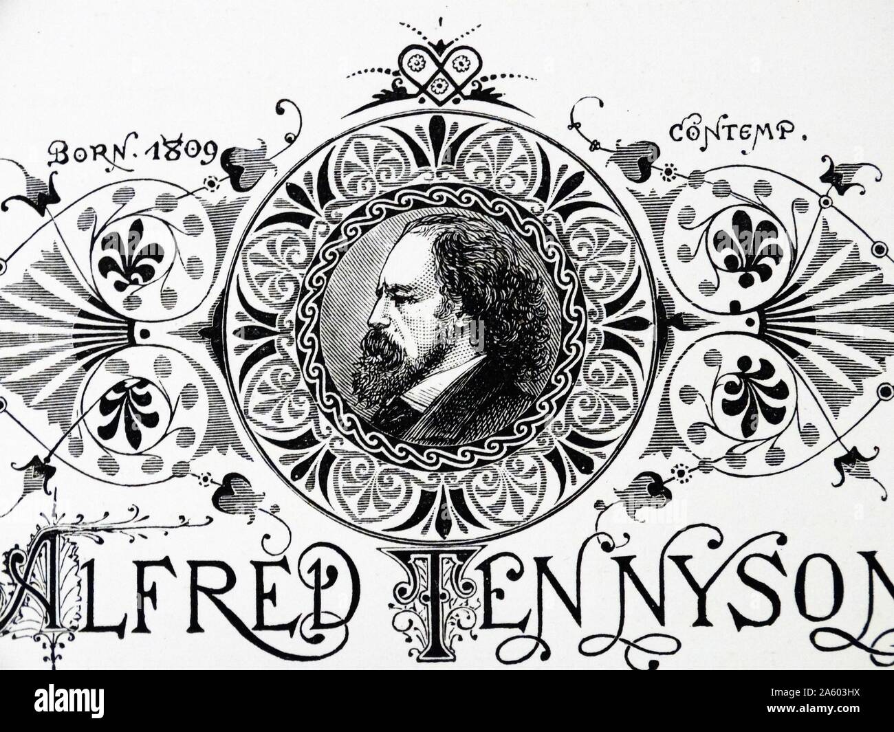 Retrato grabado de Alfred Lord Tennyson (1809-1892), poeta laureado de Gran Bretaña y de Irlanda. Fecha del siglo XIX Foto de stock