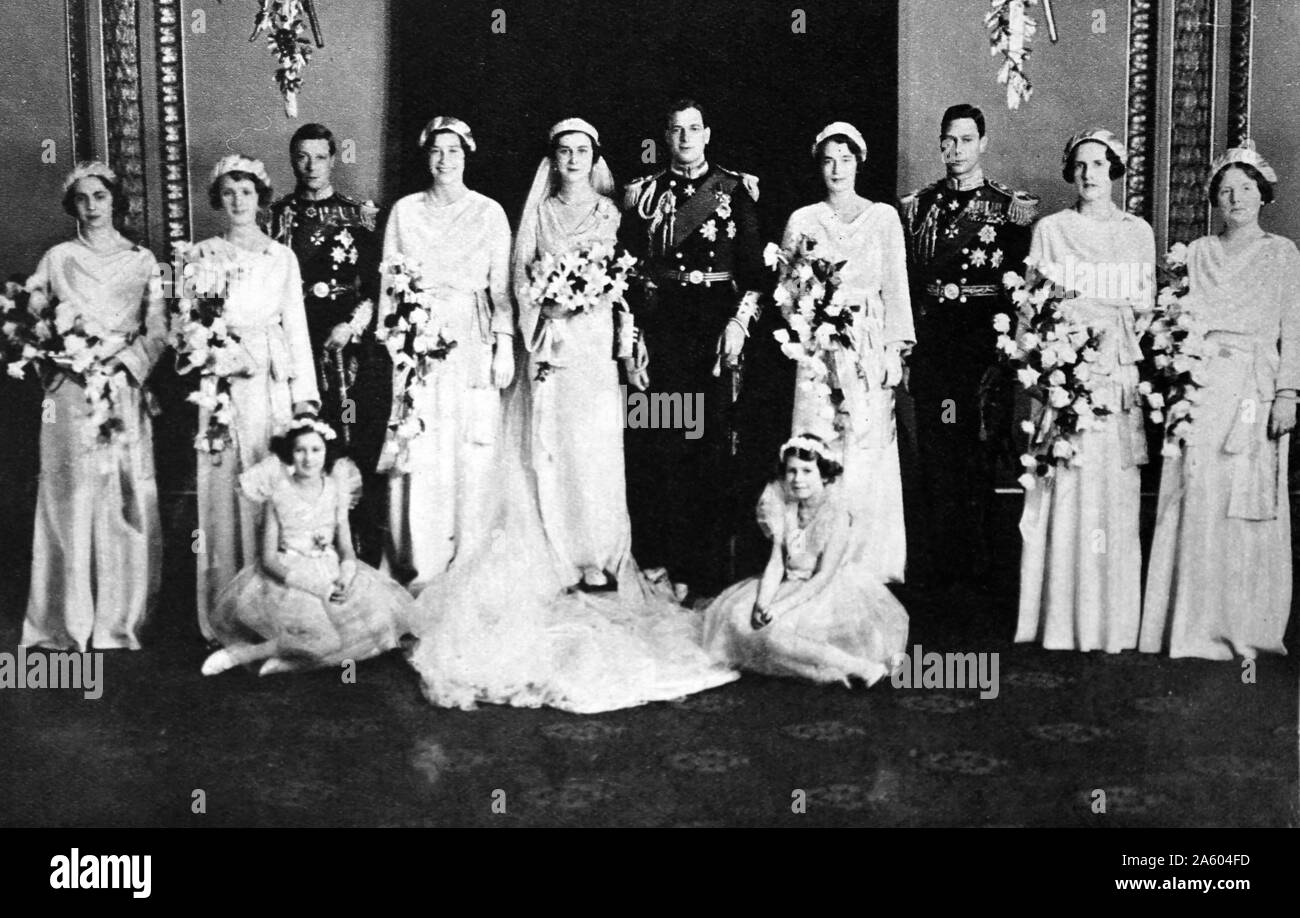 Fotografía de la boda del Príncipe George, duque de Kent (1902-1942) y la Princesa Marina de Grecia y Dinamarca (1906-1968). También en la imagen es el príncipe Albert Frederick Arthur George (1895-1952) y el príncipe Henry, Duque de Gloucester (1900-1974). Fecha Siglo XX Foto de stock