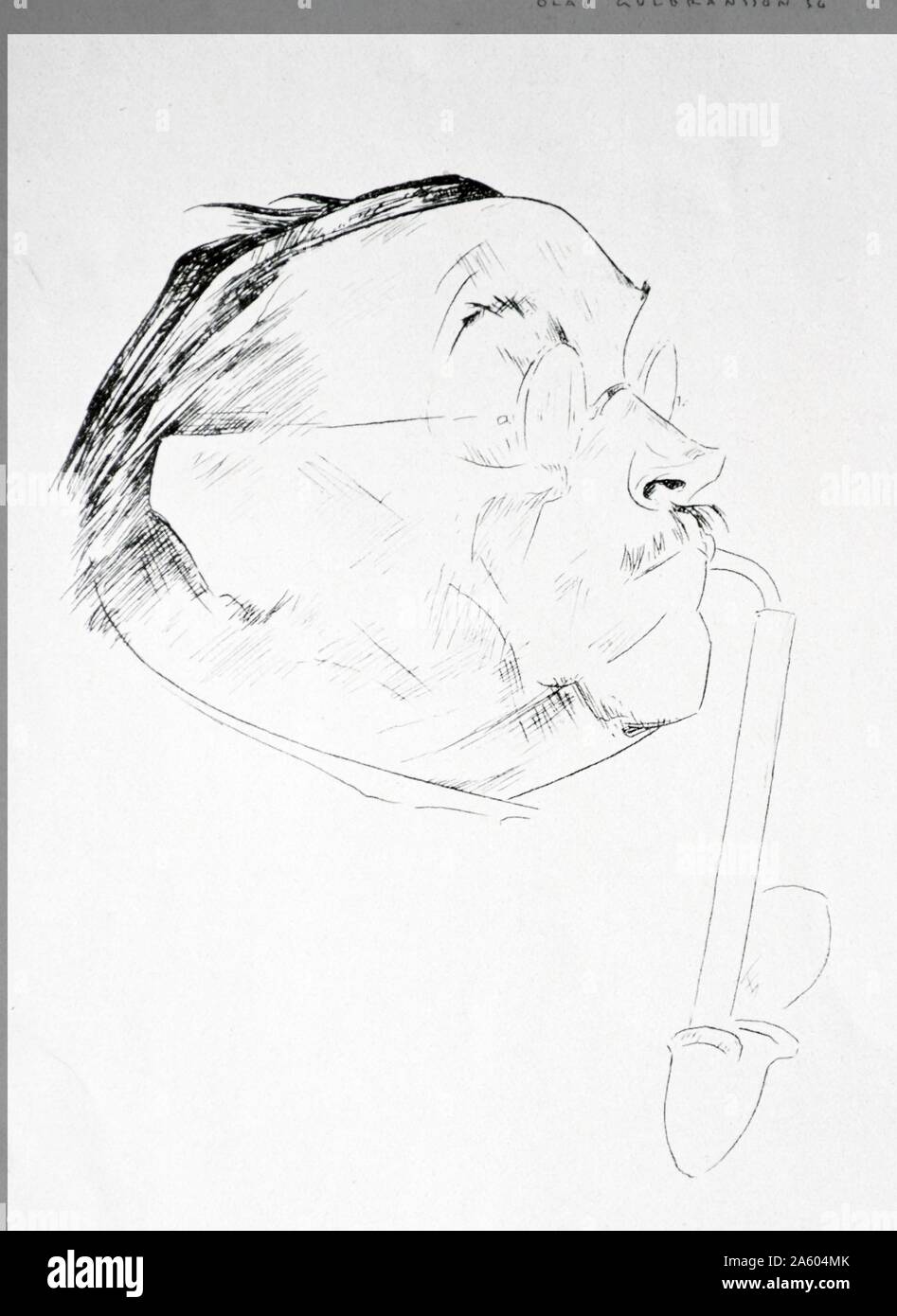 Retrato de Ludwig Thoma por Olaf Gulbransson LEONHARD (1873-1958), artista noruego, pintor y diseñador. Él es probablemente mejor conocido por sus caricaturas e ilustraciones. En 1902 se trasladó a Alemania para trabajar para la revista satírica Simplicissimus en Munich. Gulbransson cooperó activamente con los nazis. Durante la II Guerra Mundial, después de que su propio país fue ocupado por los alemanes, él produjo caricaturas contra los aliados, en particular en contra de Winston Churchill. En 1941 fue miembro honorario de la sociedad de artistas de Berlín y en 1942 de la Academia de Bellas Artes de Viena. 1937 Foto de stock