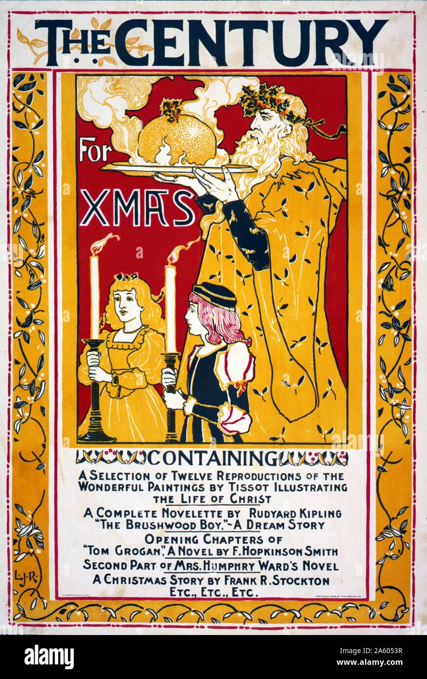 El siglo para Navidad. Hombre Barbado, con corona de acebo, llevando la bandeja de pudding de ciruela caliente, y dos niños sosteniendo velas. Foto de stock