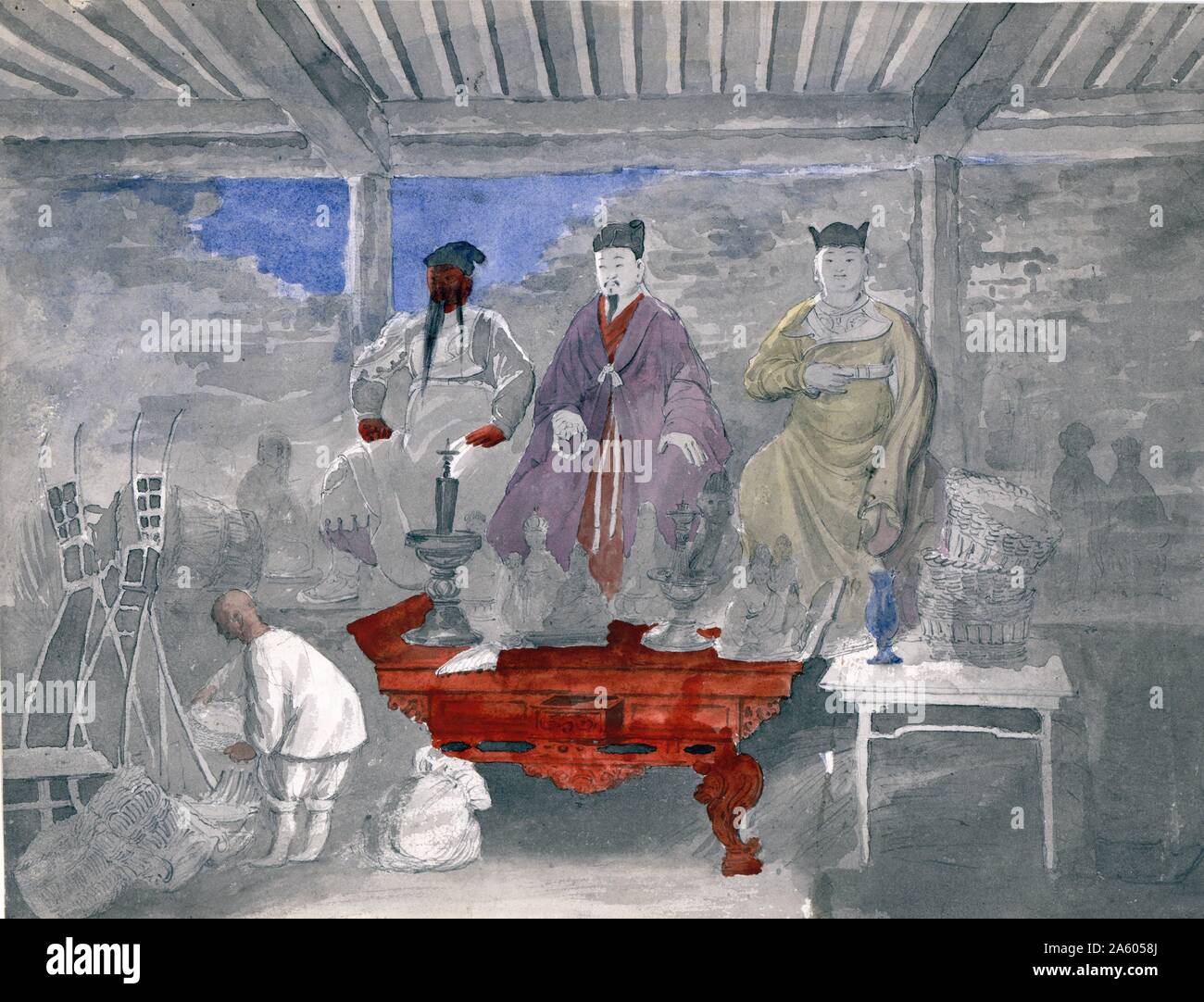 Ilustración de un templo budista o santuario, con estatuas de Guan Yu, Liu Bei, y Zhang Fei. Fechados entre 1860 y 1900. Foto de stock