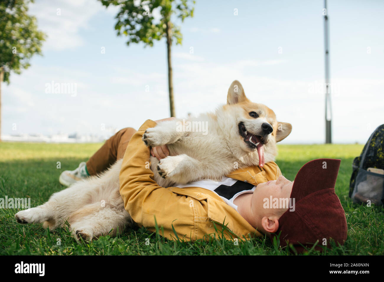 Chico con Welsh Corgi Pembroke en un parque Foto de stock
