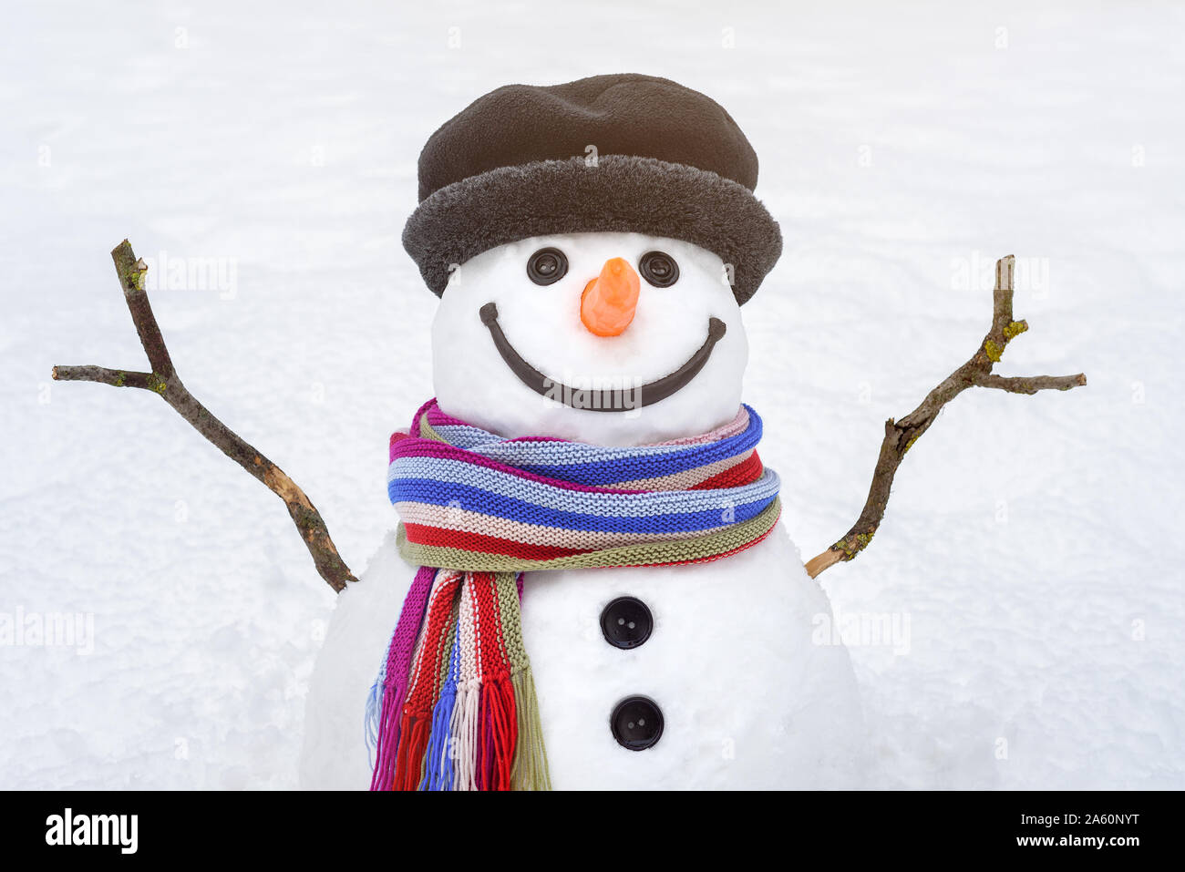 Retrato de un lindo muñeco de nieve con una sonrisa amable sobre un fondo blanco de la nieve. Carácter tradicional del invierno Foto de stock