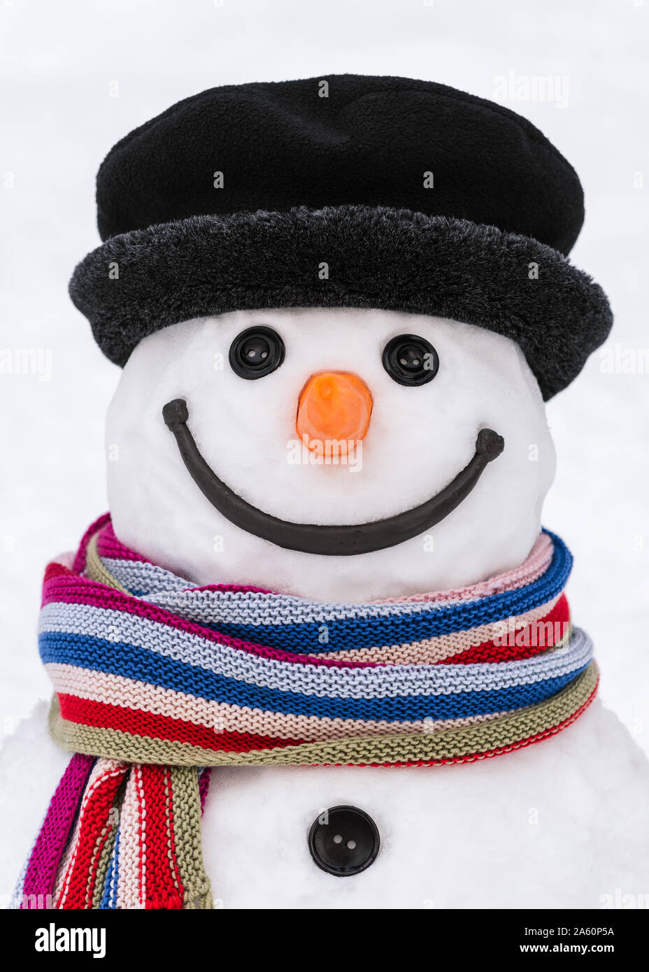 Cara de un lindo muñeco de nieve con una sonrisa amable. Carácter tradicional del invierno hechas de nieve. Feliz Navidad y próspero año nuevo card Foto de stock