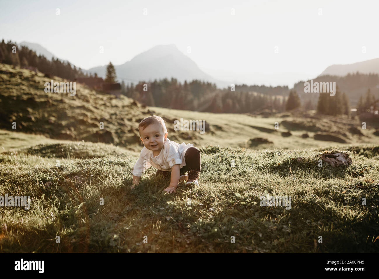 Feliz chico arrastrándose sobre una pradera alpina, Schwaegalp Nesslau, Suiza Foto de stock