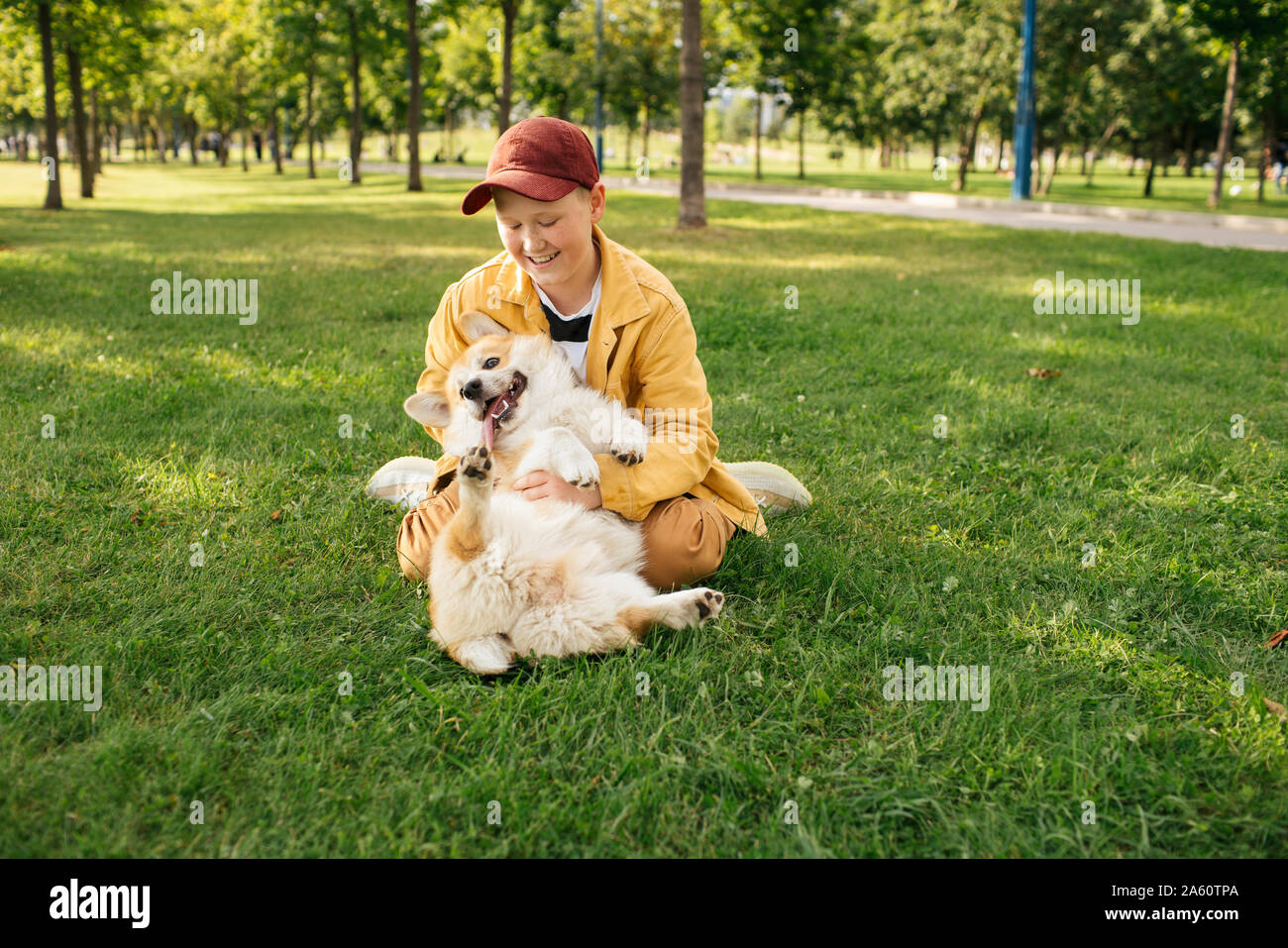 Chico con Welsh Corgi Pembroke en un parque Foto de stock