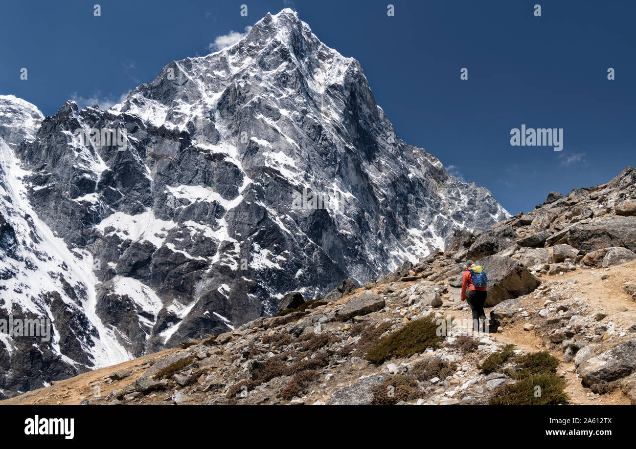 Mujer joven senderismo en el Parque Nacional de Sagarmatha, el campamento base del Everest trek, Nepal Foto de stock