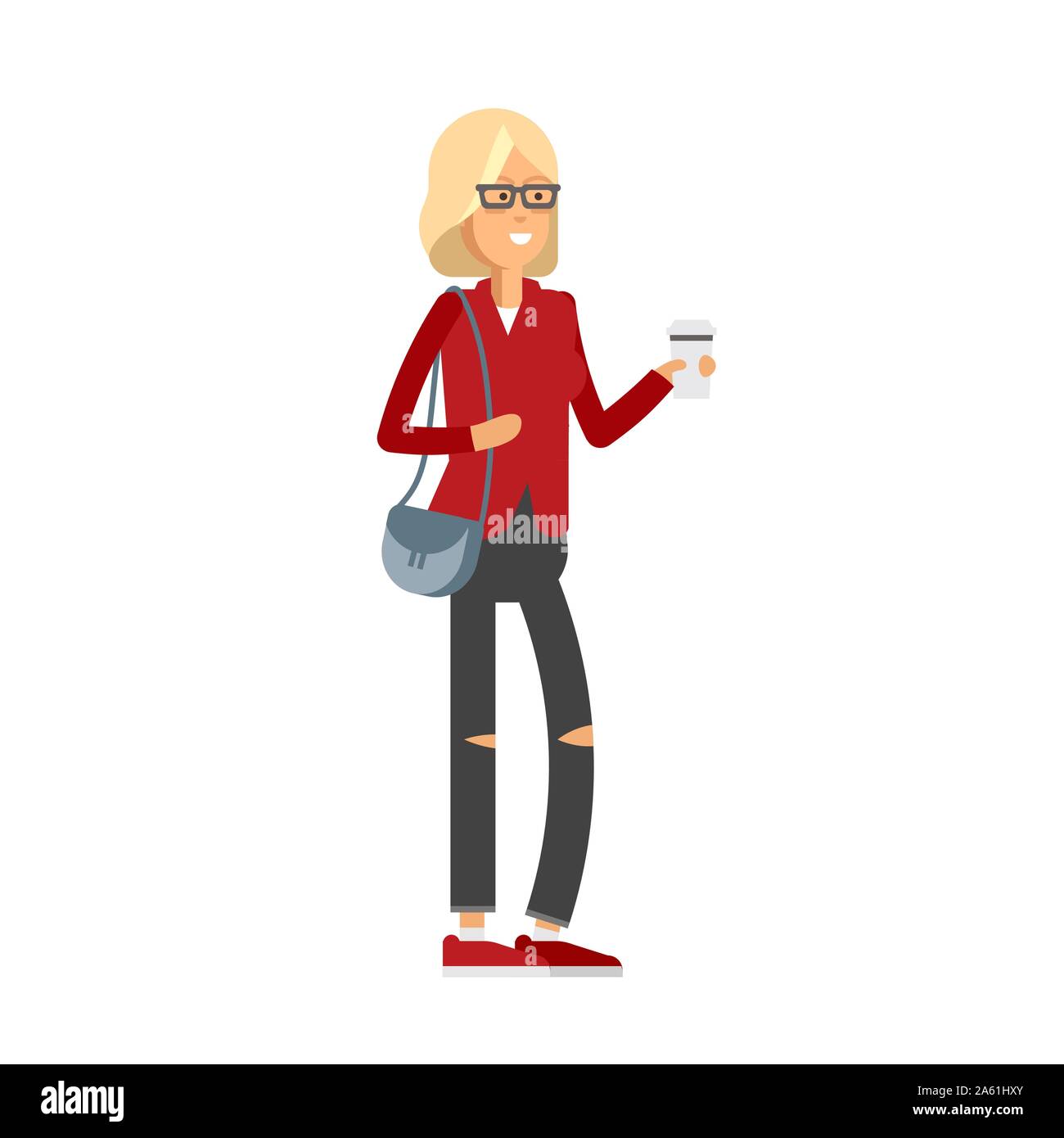 Ilustración vectorial plana chica tomando un café y caminar. Mujer joven desgaste ropa moderna. Elegante aspecto de chica aislado en fondo blanco. Ilustración del Vector