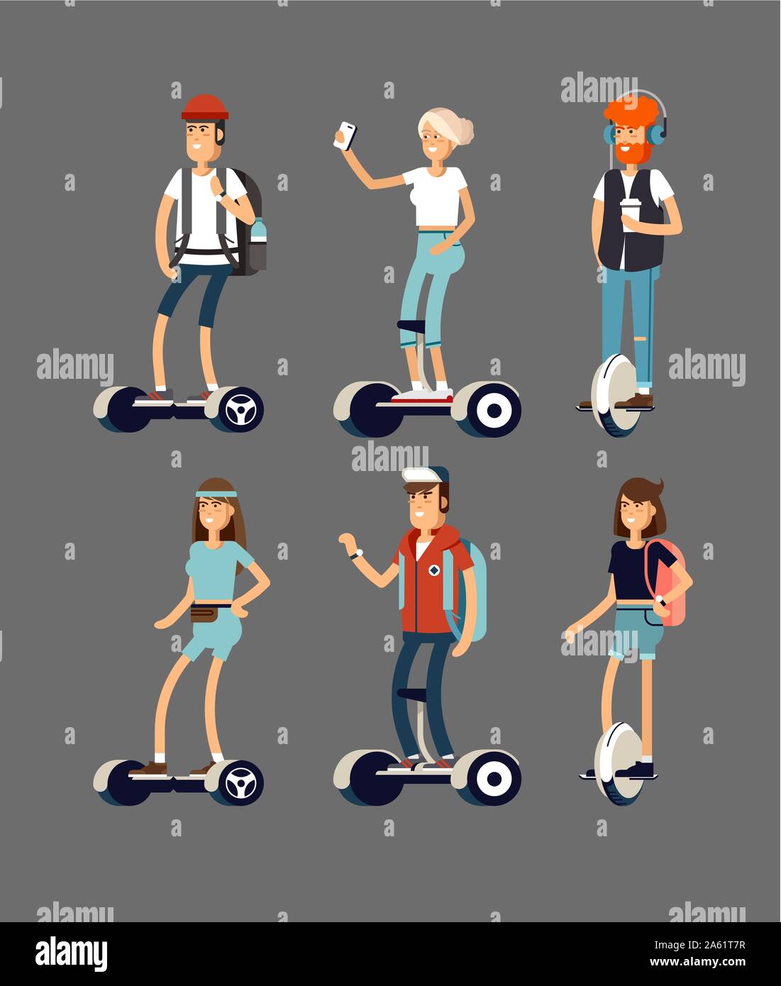 Conjunto de pueblos jóvenes activos con scooter eléctrico en nueva tecnología moderna hoverboard, hombre, mujer y niño auto rueda de equilibrio gyroscooter transporte ri Ilustración del Vector