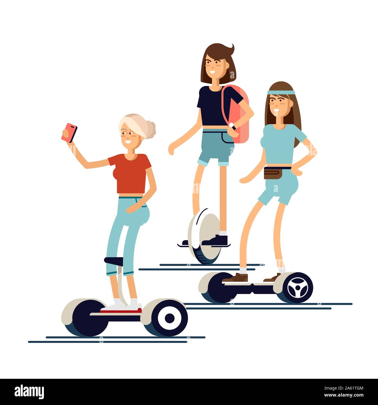 Conjunto activo de joven con scooter eléctrico en nueva tecnología moderna hoverboard, niña auto rueda de equilibrio gyroscooter transporte paseo de la calle. Ve Ilustración del Vector