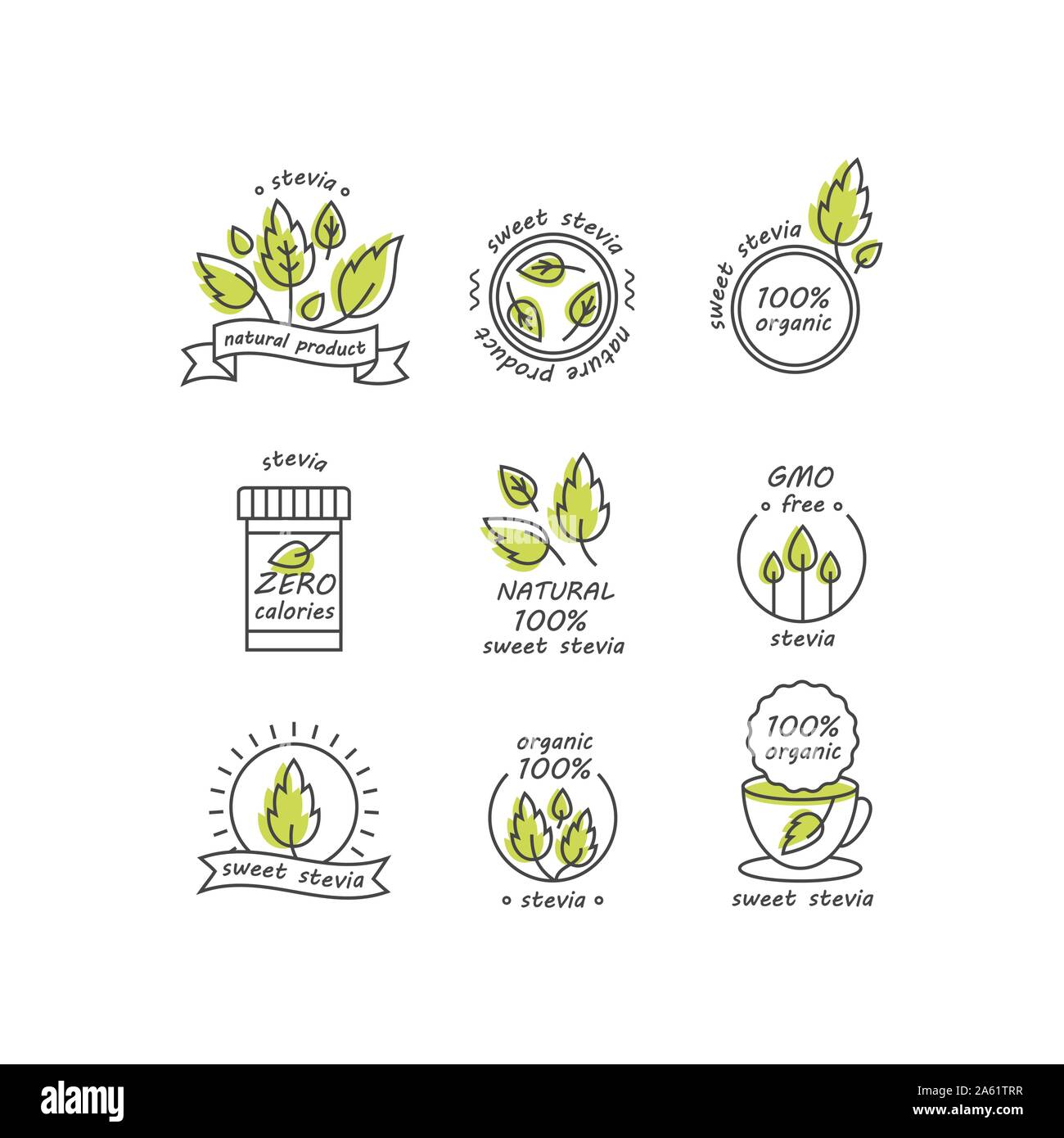 Set de vectores de stevia etiquetas, logotipos, insignias e iconos